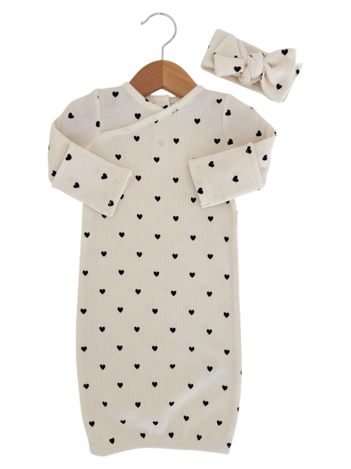 Organic Waffle Gown & Bow Set, Black Heart - Image 2