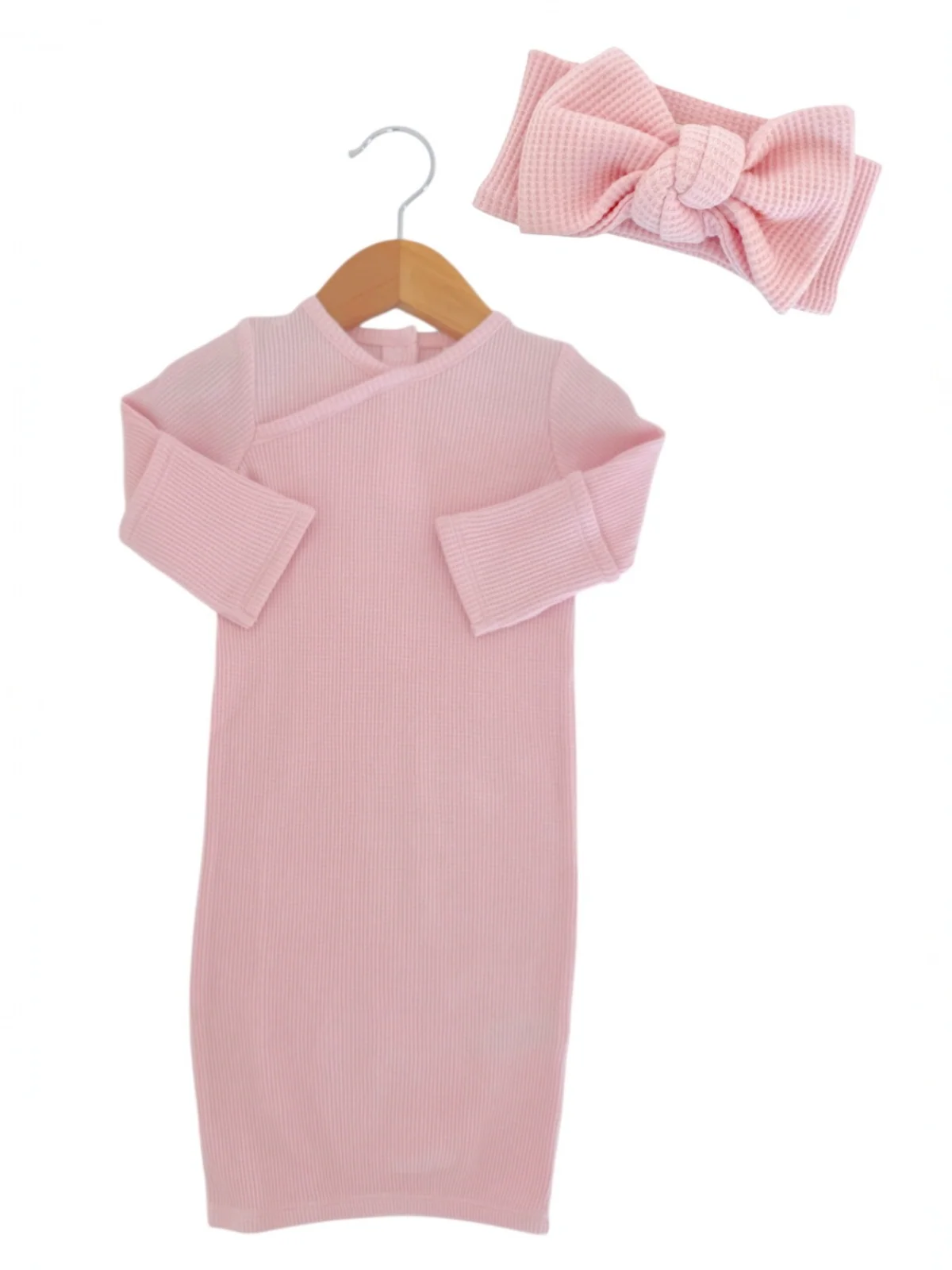 Organic Waffle Gown & Bow Set, Blush - Image 2