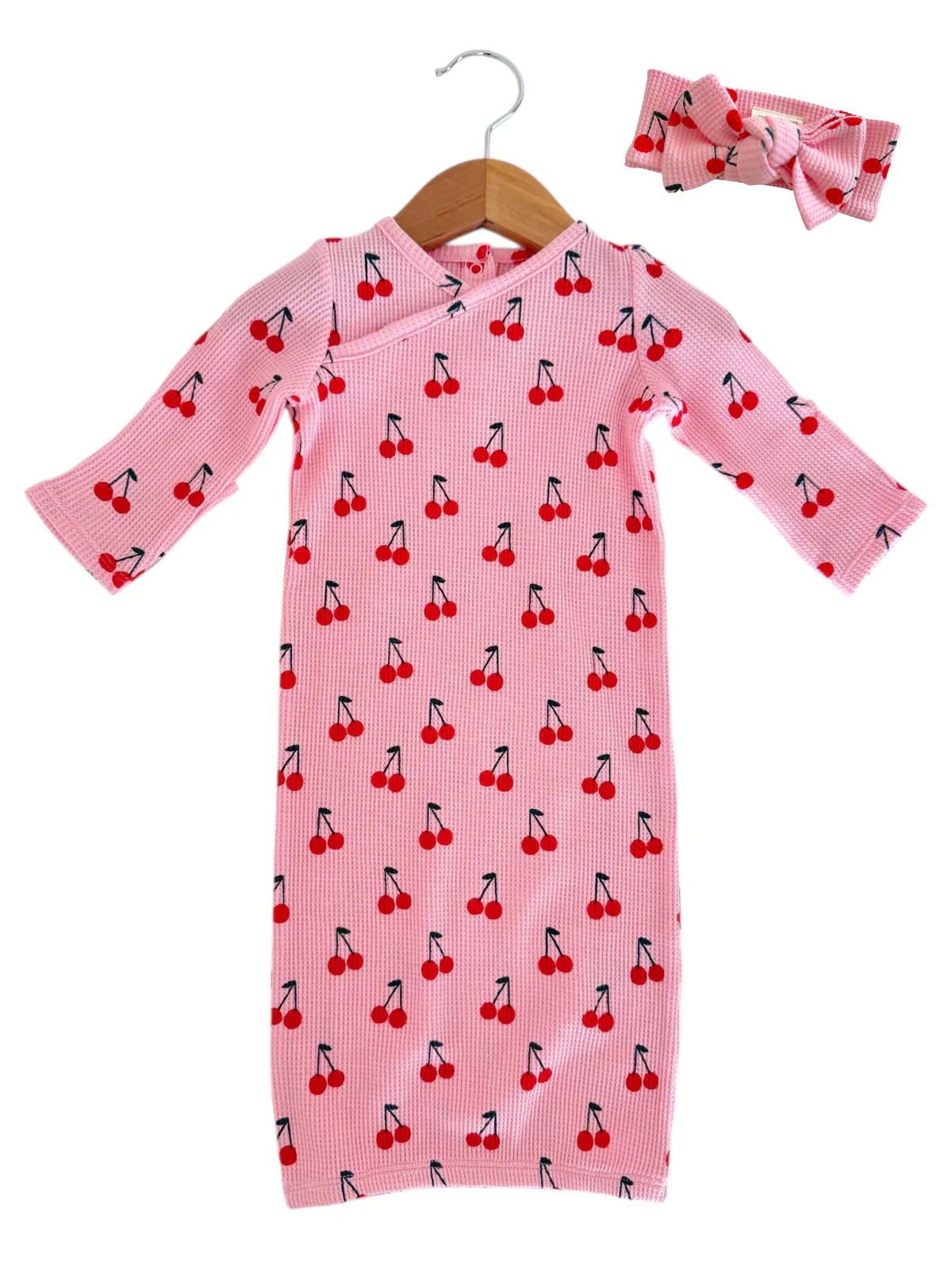 Organic Waffle Gown & Bow Set, Pink Cherries