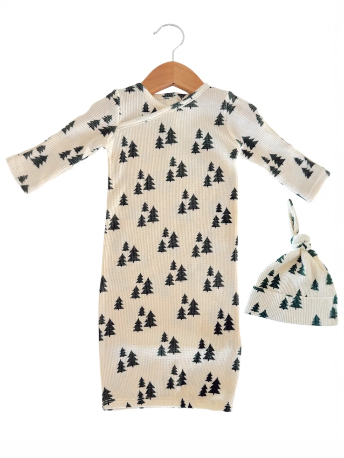 Organic Waffle Gown & Hat Set, Forest Green Trees
