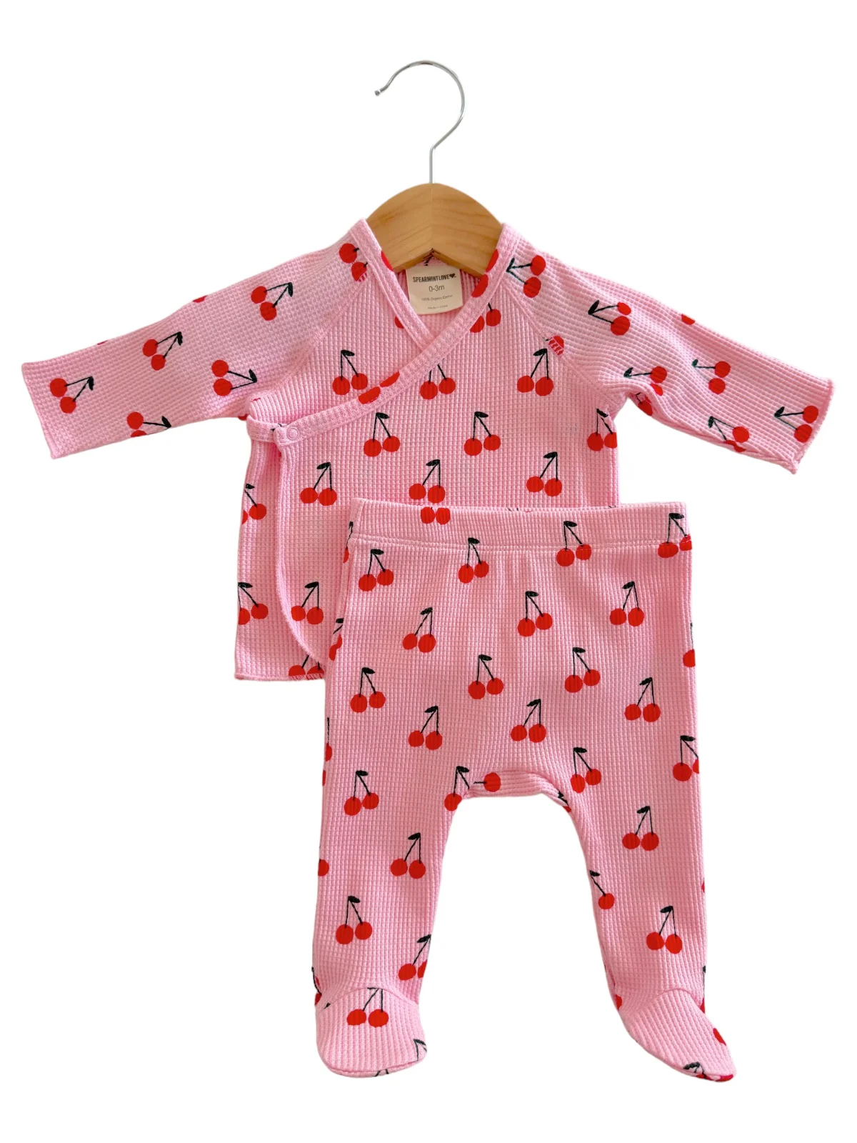 Organic Waffle Kimono & Pant Set, Pink Cherries - Image 3