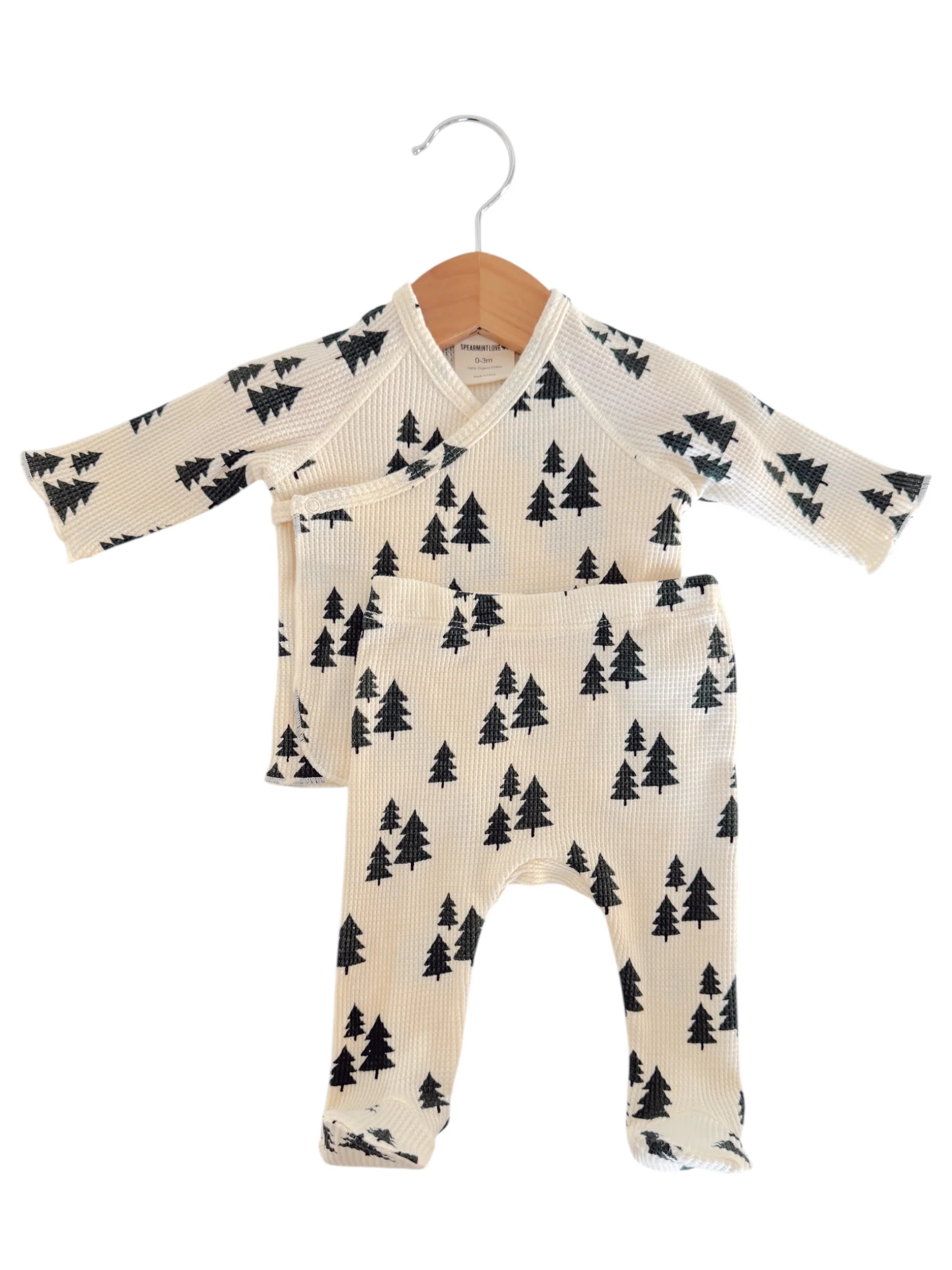Organic Waffle Kimono & Pant Set, Forest Green Trees - Image 2