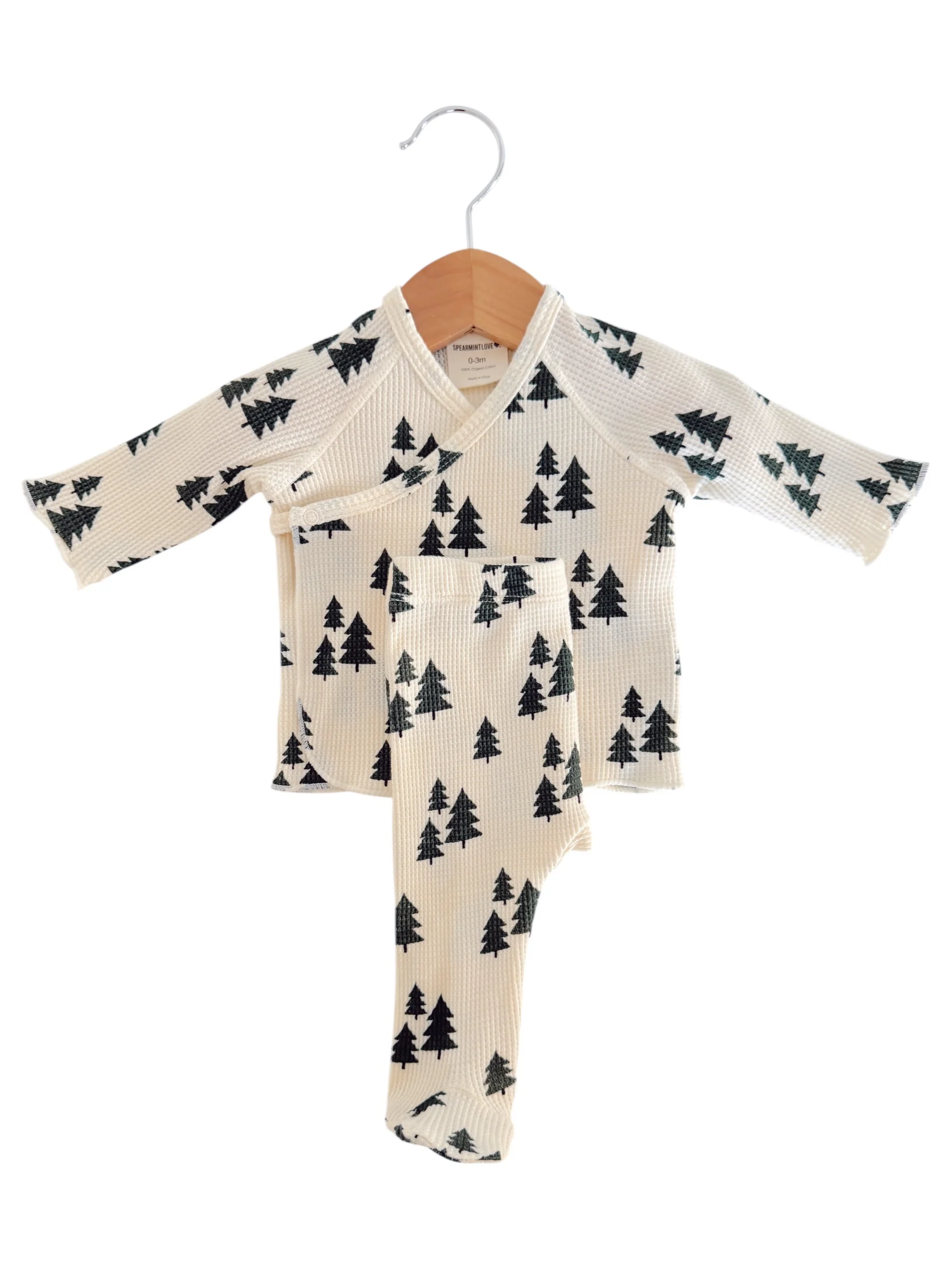Organic Waffle Kimono & Pant Set, Forest Green Trees - Image 3