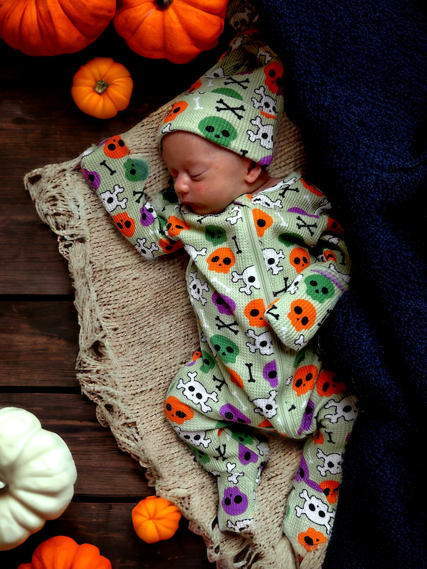 Organic Waffle Knot Beanie, Candy Skulls Green - Image 2