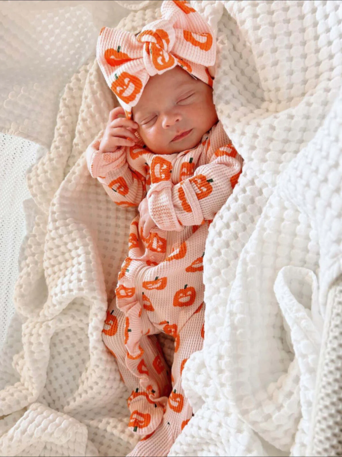 Organic Waffle Knot Bow, Blush Jack-O-Lantern - Image 2