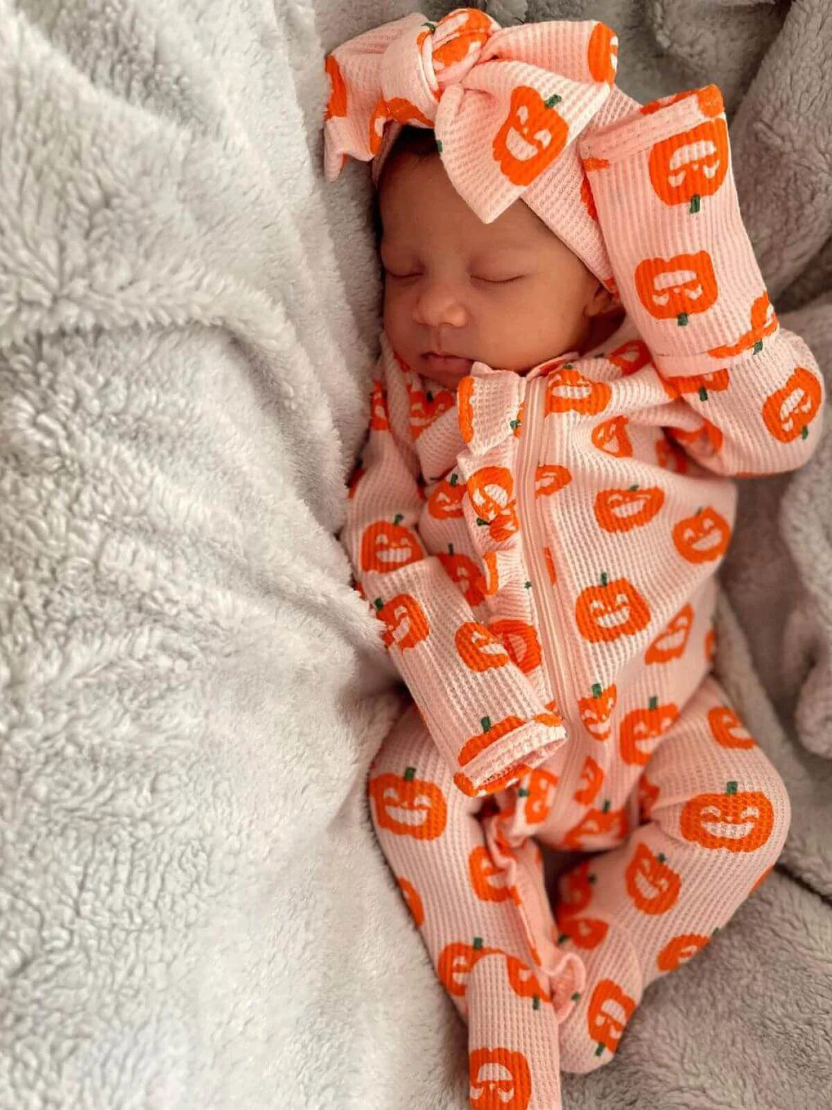 Organic Waffle Knot Bow, Blush Jack-O-Lantern - Image 5