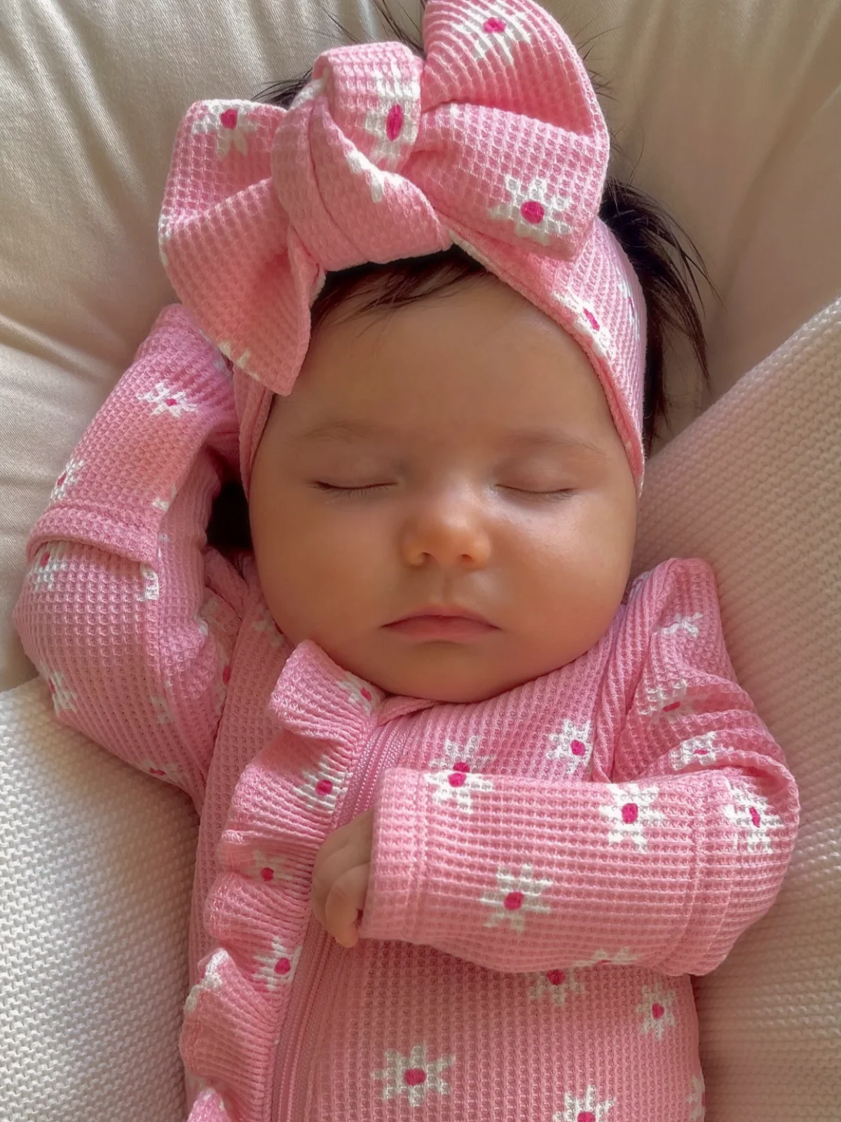 Organic Waffle Knot Bow, Pink Flower - Image 2