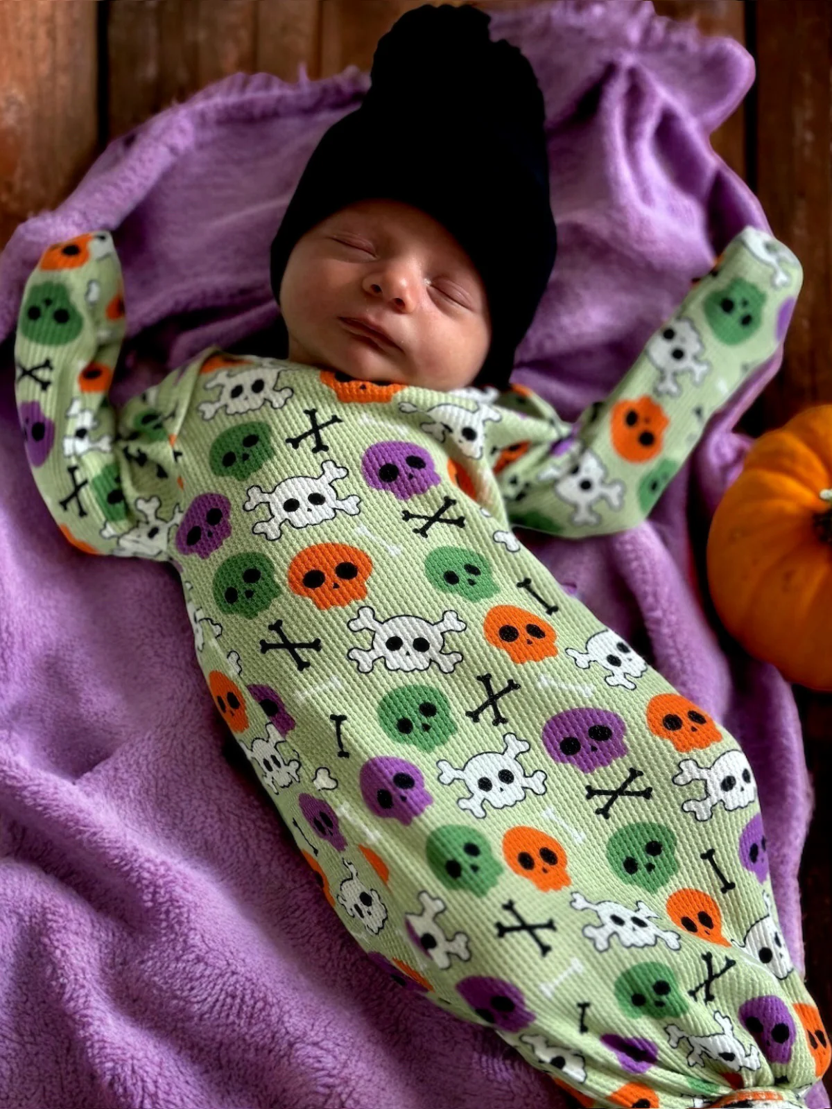Organic Waffle Knotted Gown, Candy Skulls Green