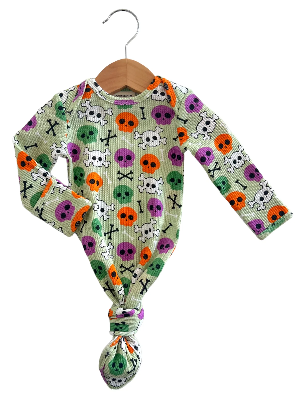 Organic Waffle Knotted Gown, Candy Skulls Green - Image 3