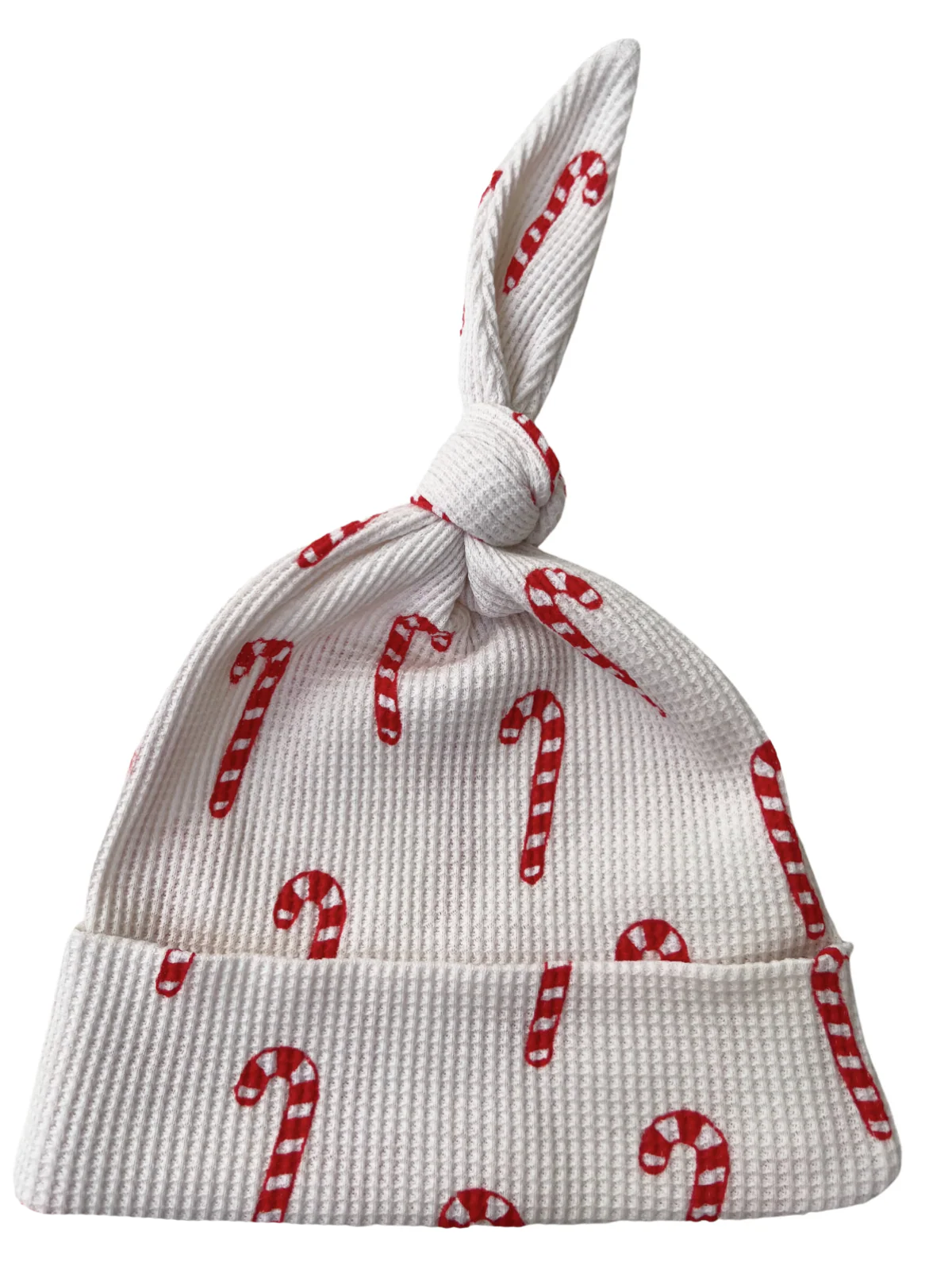Organic Waffle Knotted Gown & Hat Set, Candy Cane - Image 3