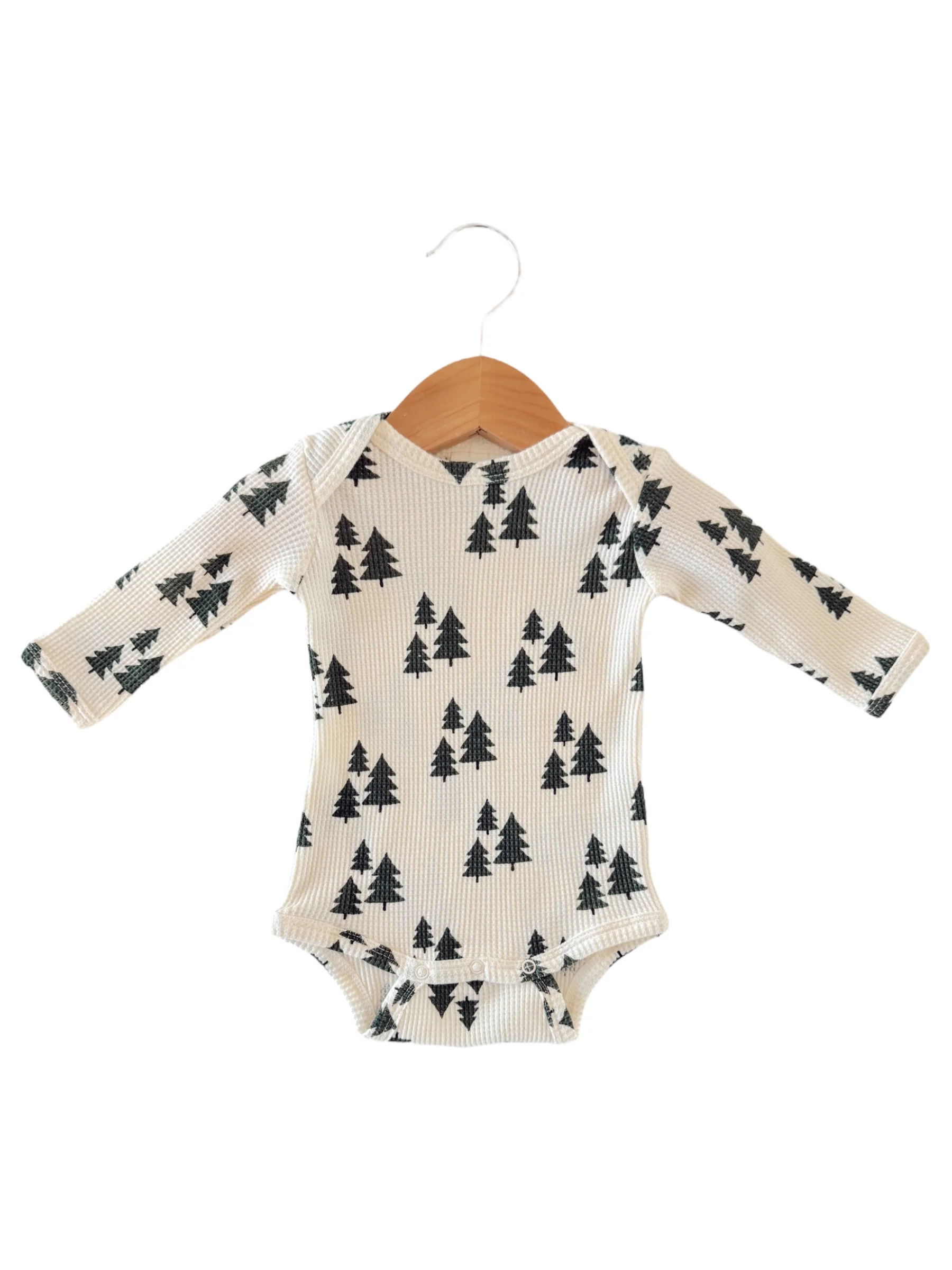 Organic Waffle Long Sleeve Bodysuit, Forest Green Trees