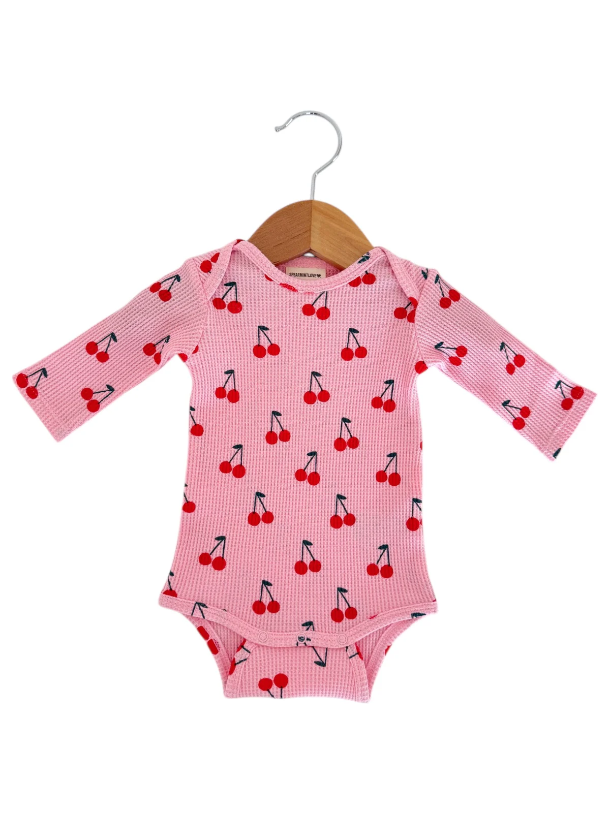 Organic Waffle Long Sleeve Bodysuit, Pink Cherries - Image 2