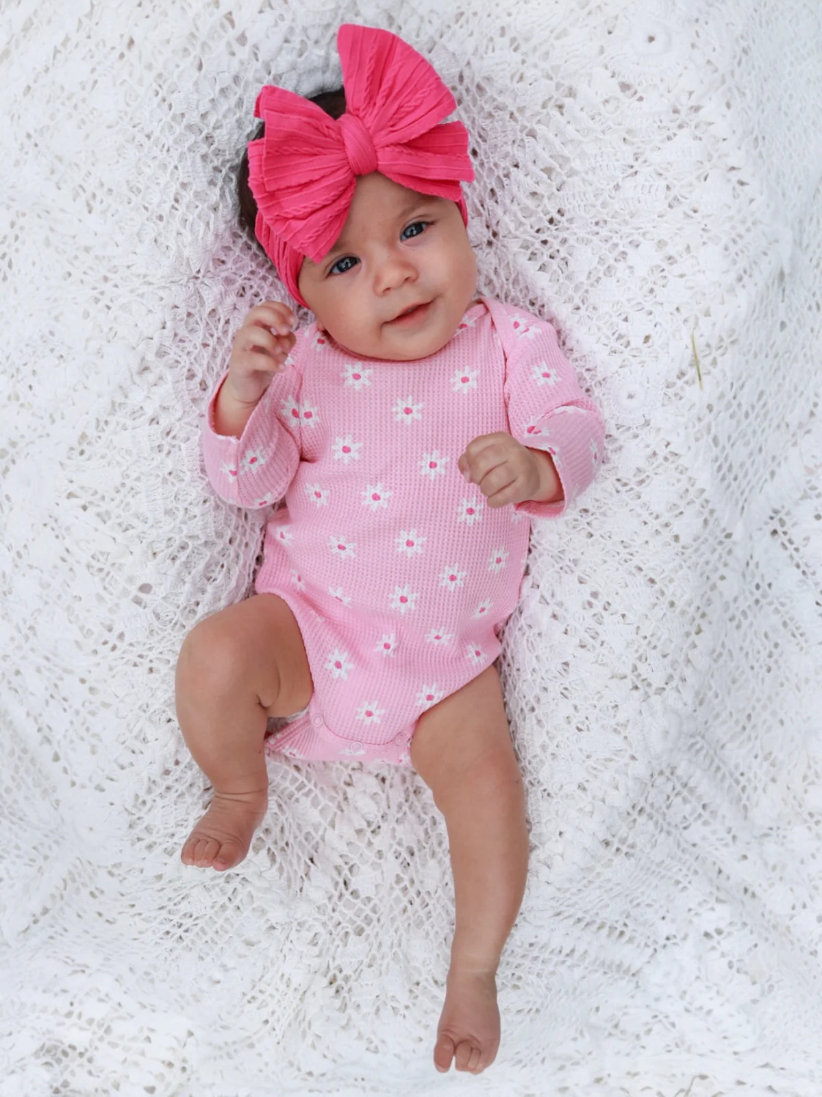 Organic Waffle Long Sleeve Bodysuit, Pink Flower