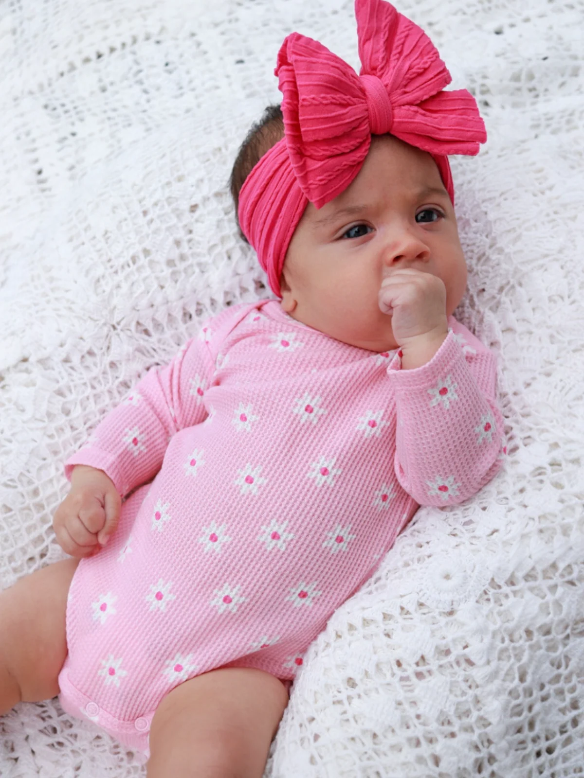 Organic Waffle Long Sleeve Bodysuit, Pink Flower - Image 3