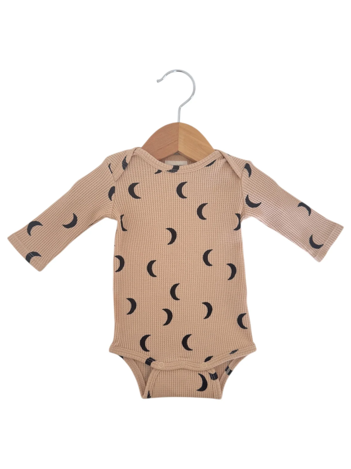 Organic Waffle Long Sleeve Bodysuit, Tan/Black Moon - Image 2