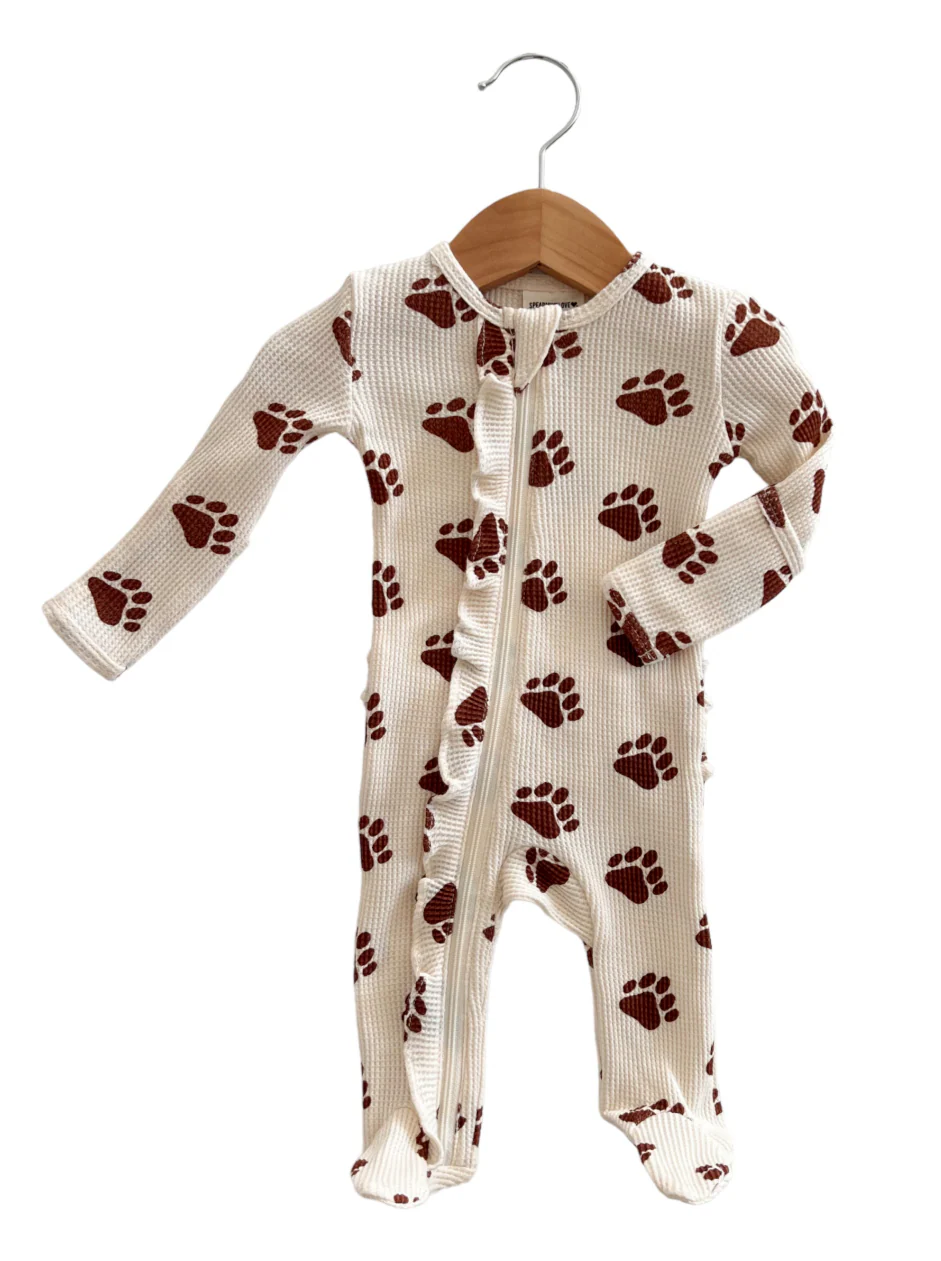 Organic Waffle Ruffle Zip Footie, Bear Paw - Image 3