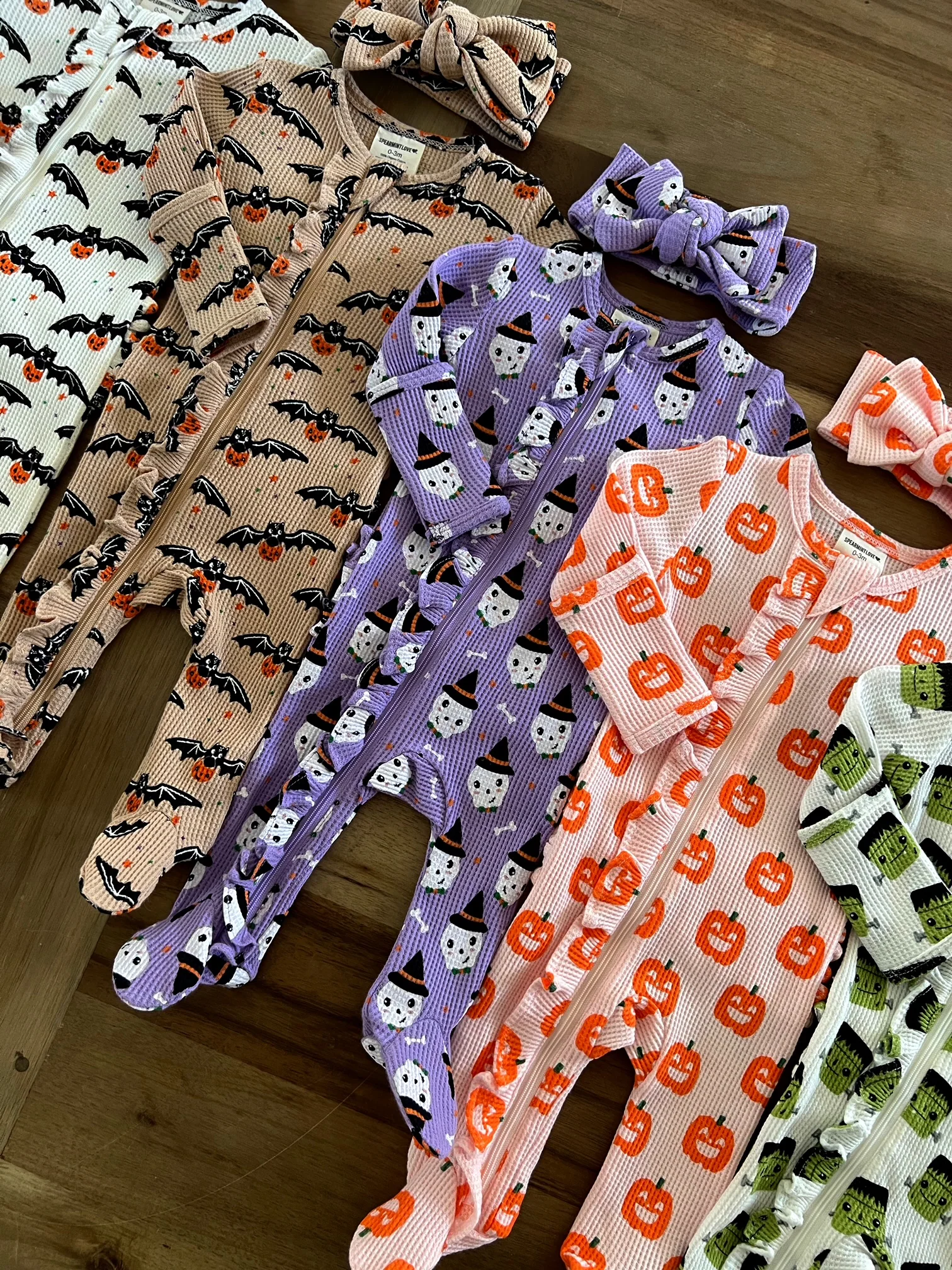 Organic Waffle Ruffle Zip Footie, Blush Jack-O-Lantern - Image 8