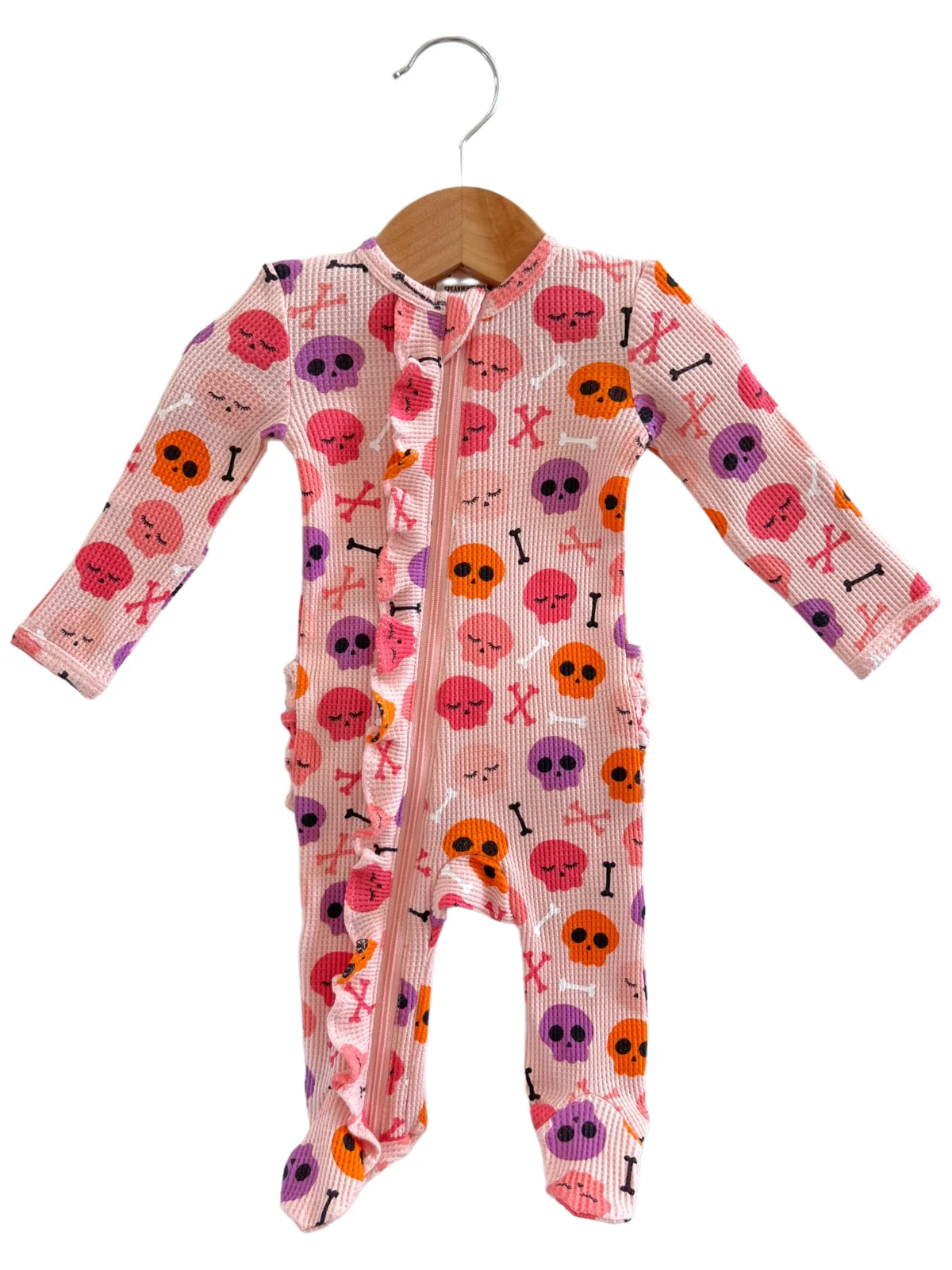 Organic Waffle Ruffle Zip Footie, Candy Skulls Pink - Image 2