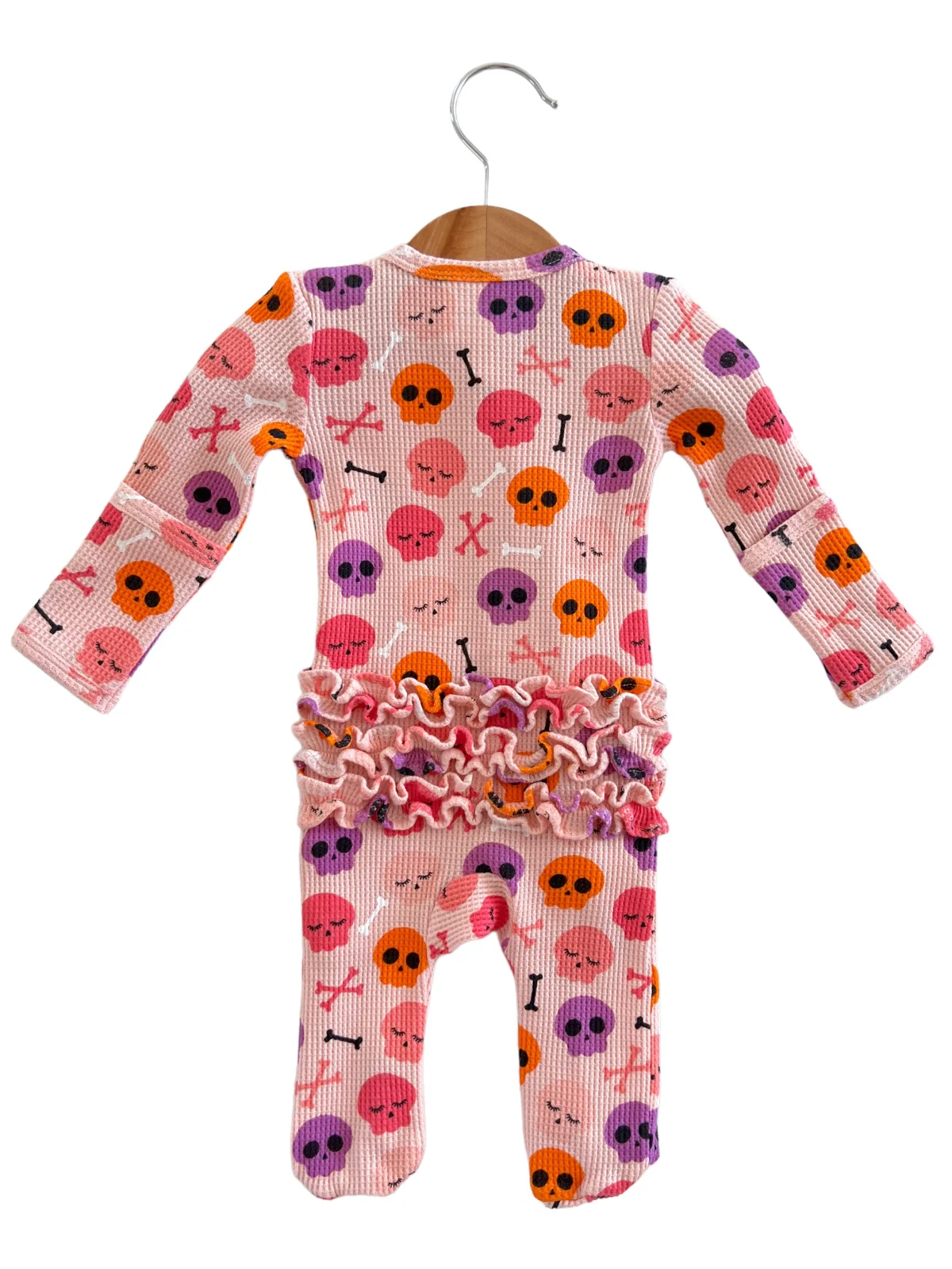 Organic Waffle Ruffle Zip Footie, Candy Skulls Pink - Image 5