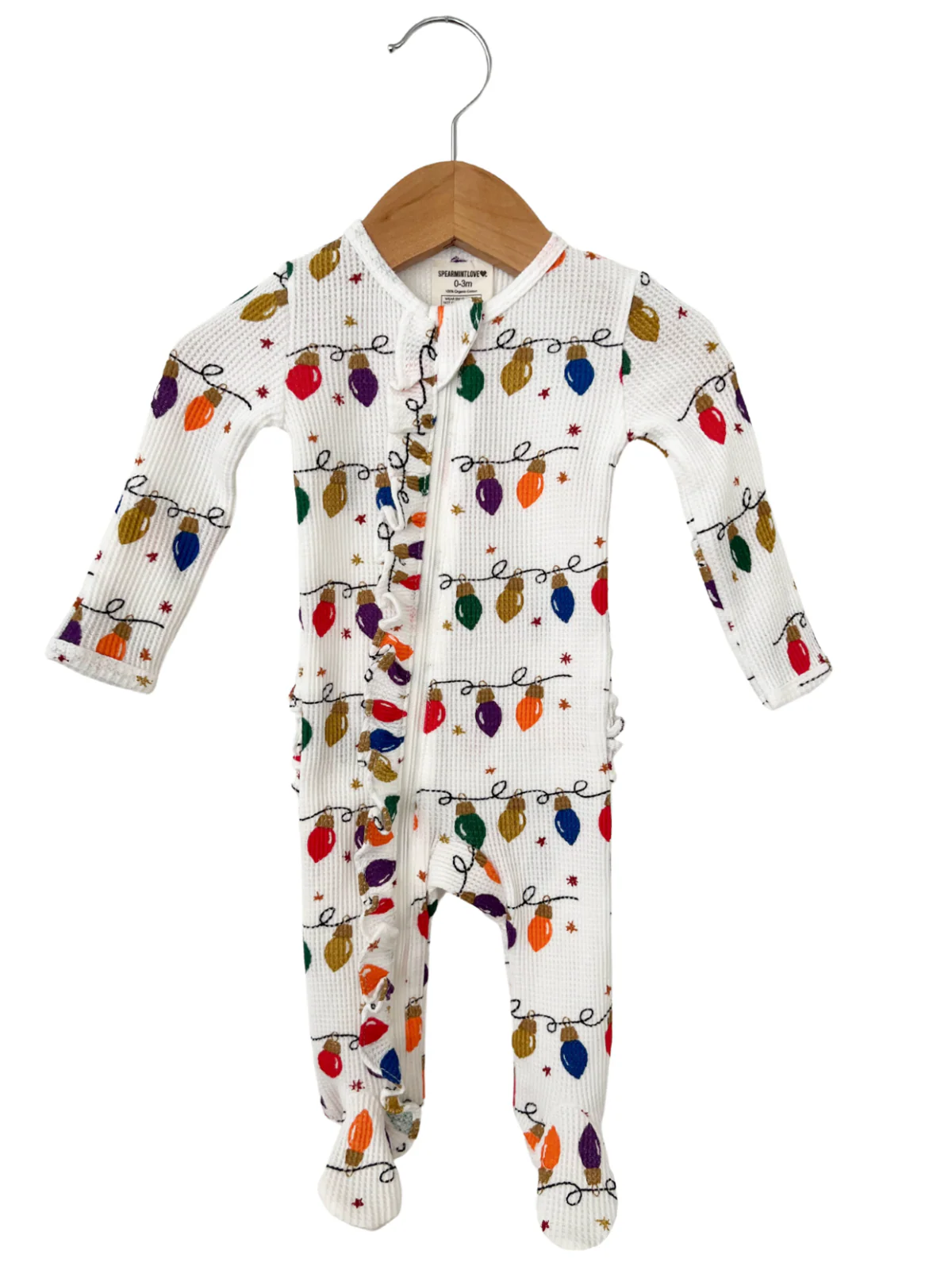 Organic Waffle Ruffle Zip Footie, Christmas Lights - Image 2