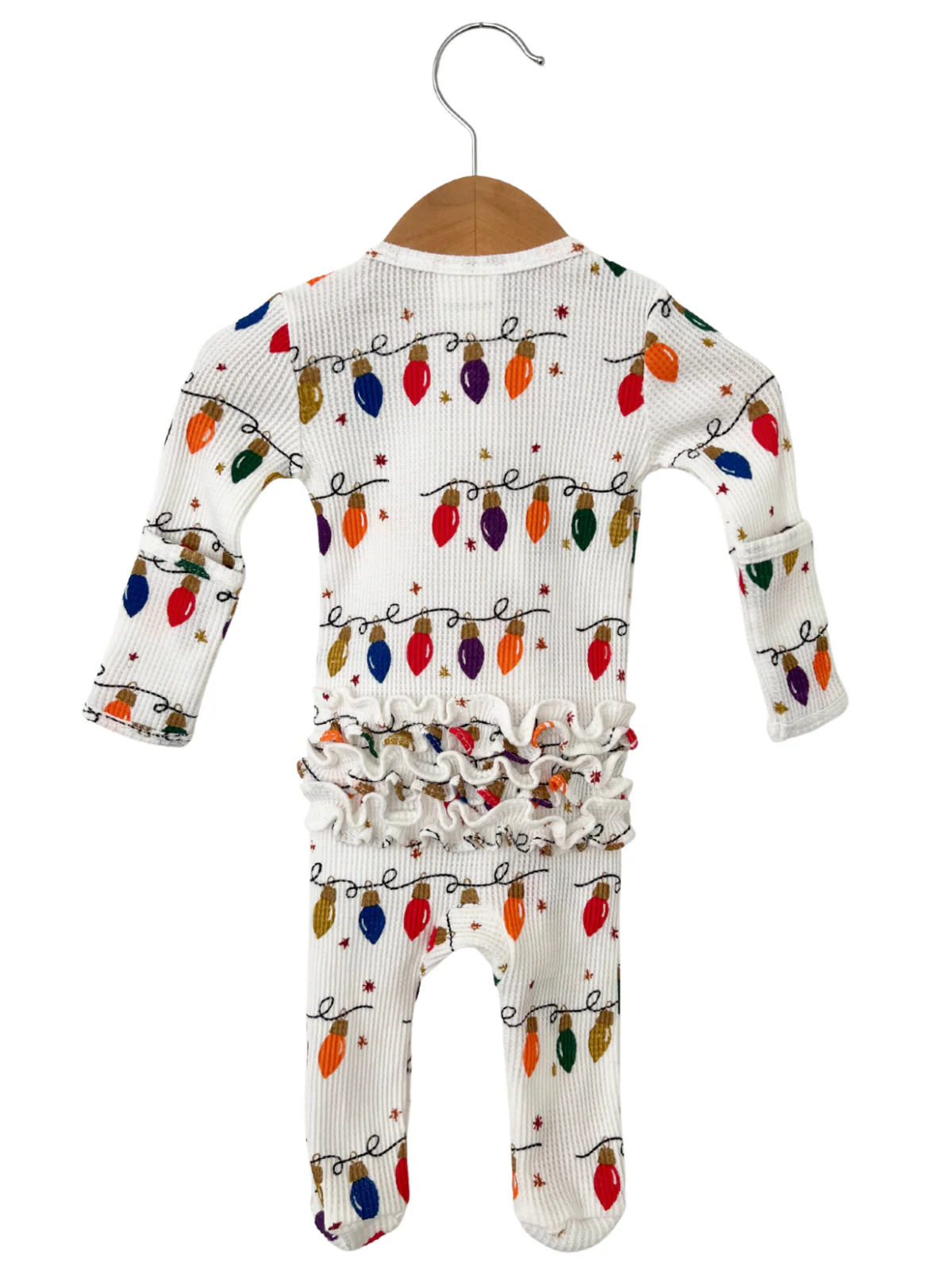 Organic Waffle Ruffle Zip Footie, Christmas Lights - Image 3