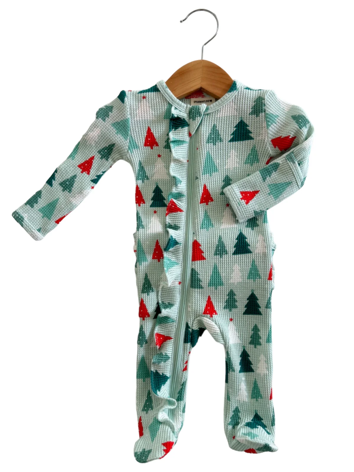 Organic Waffle Ruffle Zip Footie, Festive Firs - Image 2