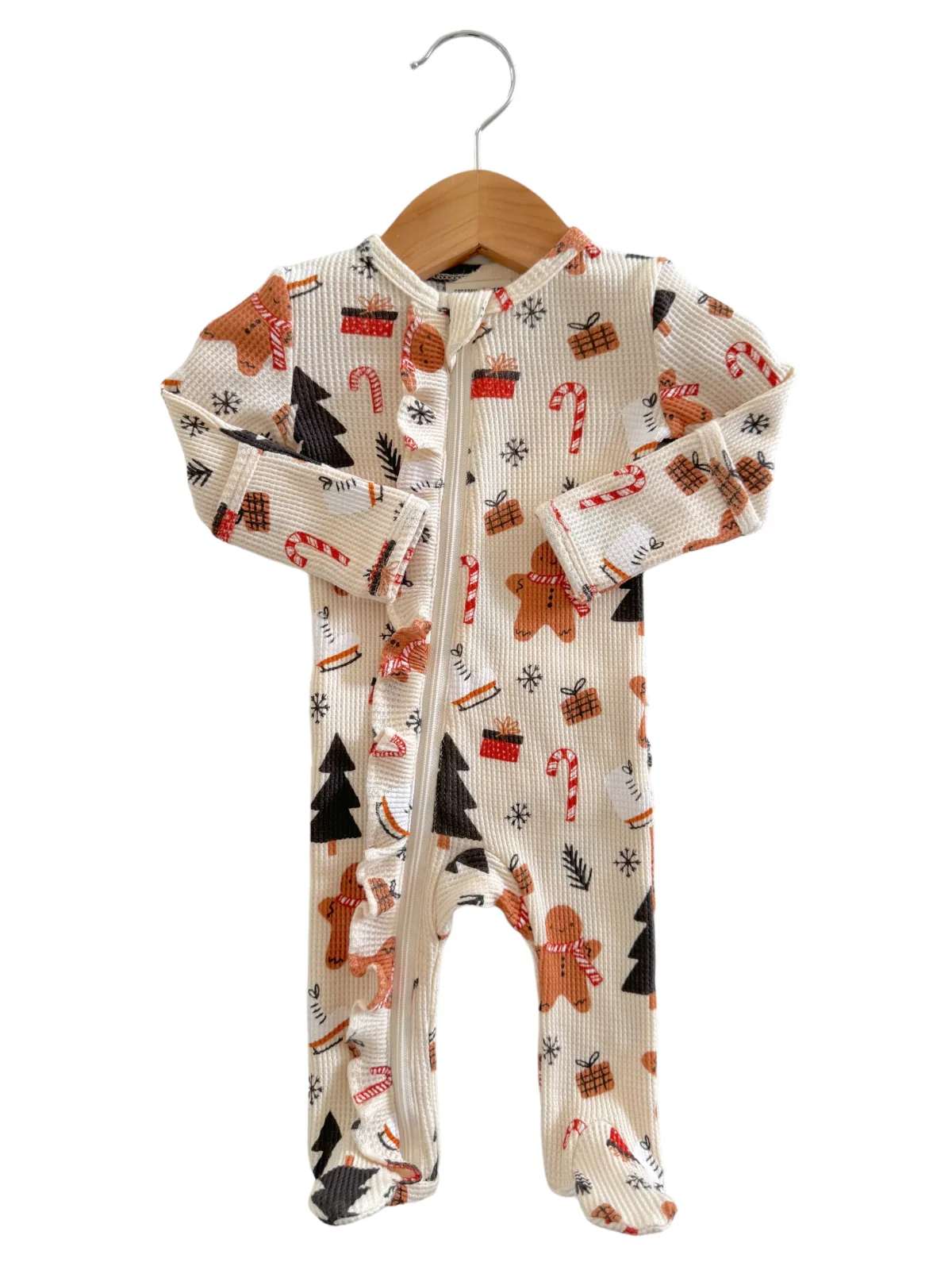 Organic Waffle Ruffle Zip Footie, Gingerbread Wonderland Snow - Image 2