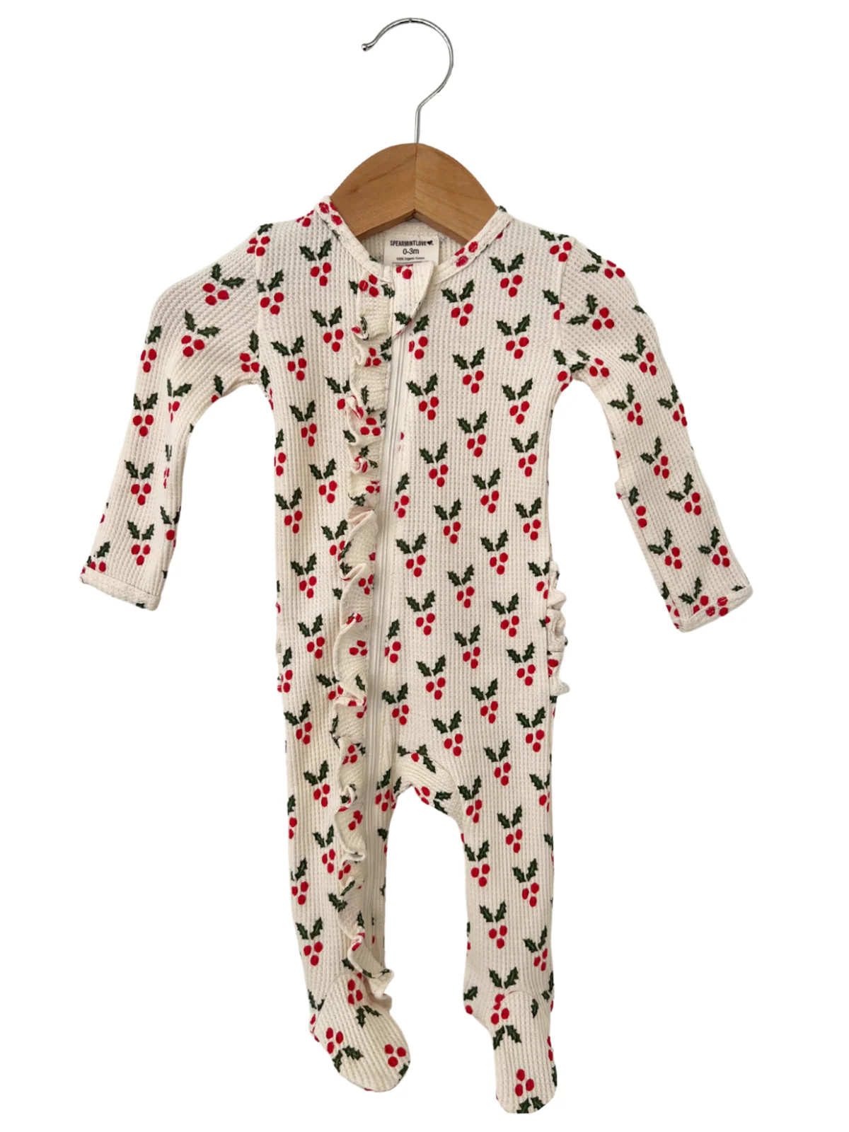 Organic Waffle Ruffle Zip Footie, Holly - Image 2