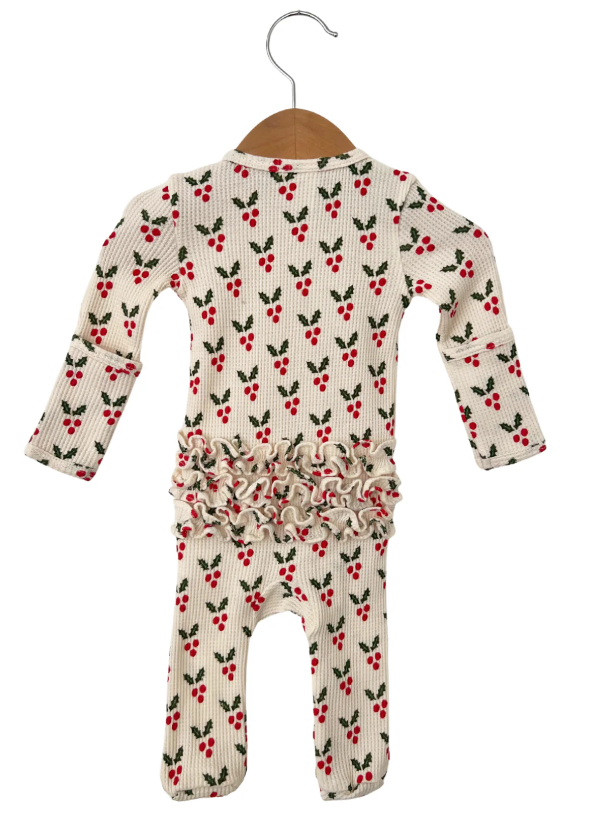 Organic Waffle Ruffle Zip Footie, Holly - Image 5