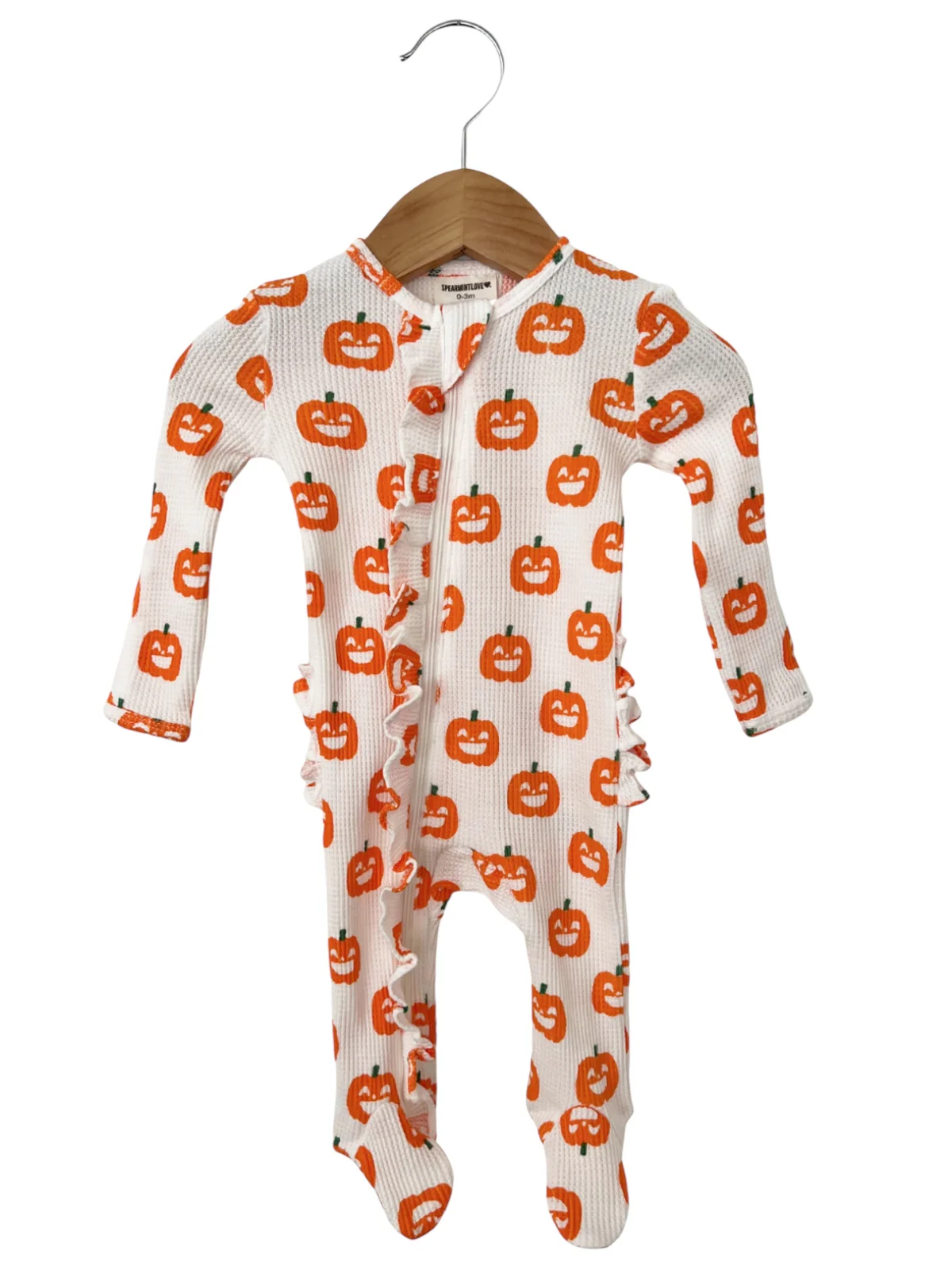 Organic Waffle Ruffle Zip Footie, Jack-O-Lantern - Image 2