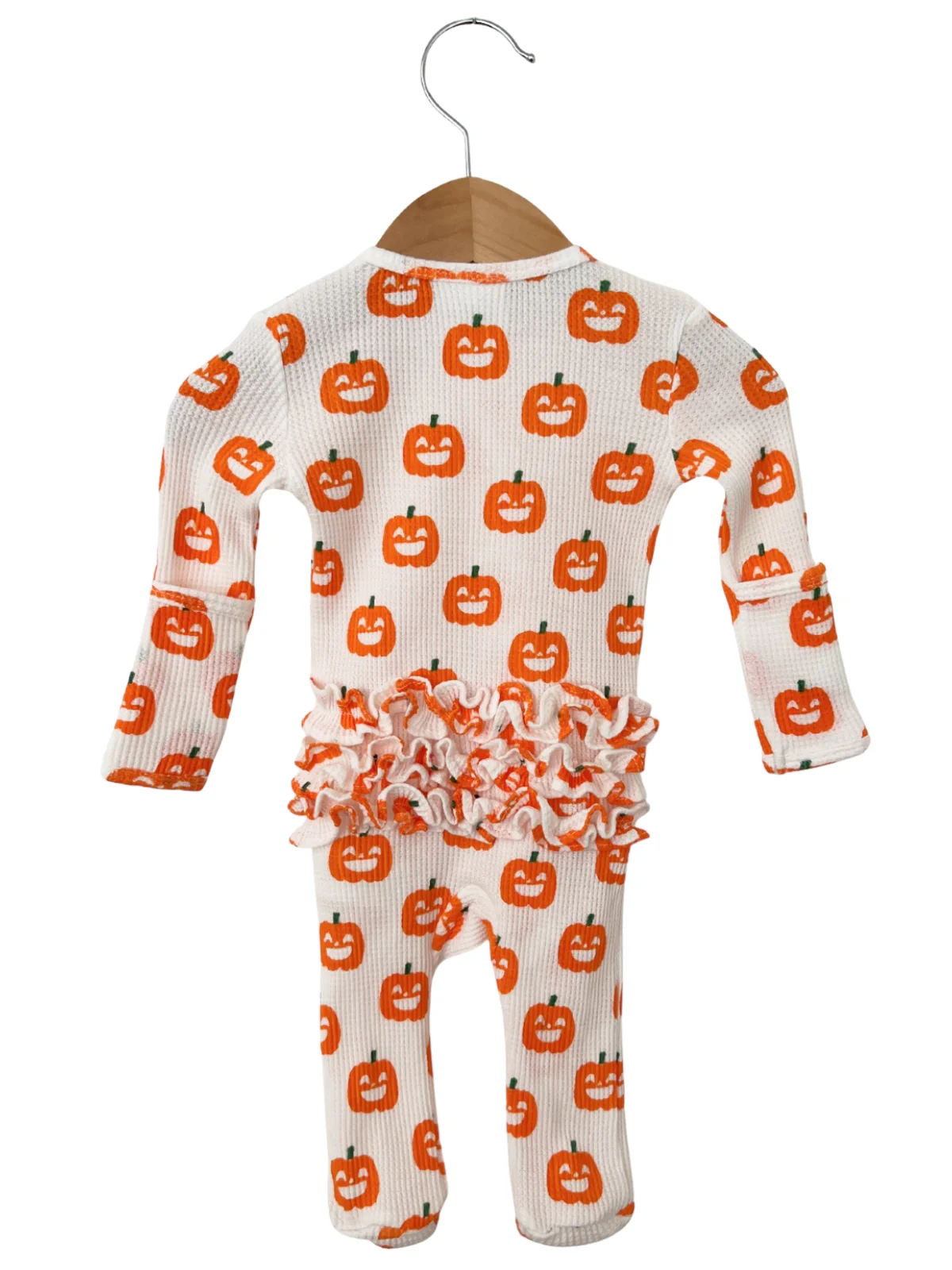 Organic Waffle Ruffle Zip Footie, Jack-O-Lantern - Image 3
