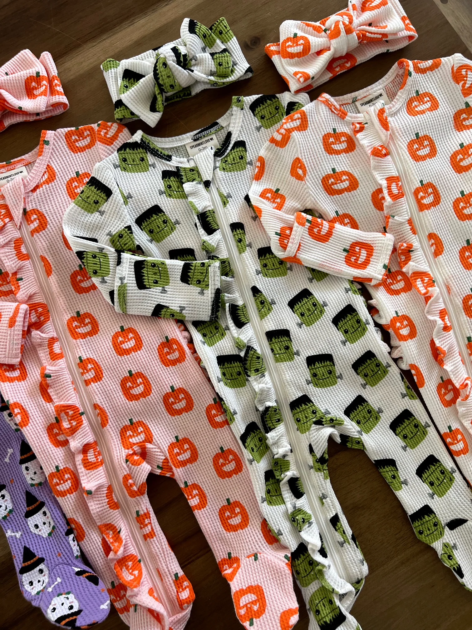 Organic Waffle Ruffle Zip Footie, Jack-O-Lantern - Image 5