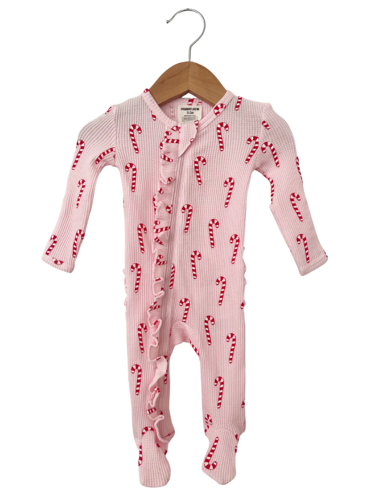 Organic Waffle Ruffle Zip Footie, Pink Candy Cane - Image 2