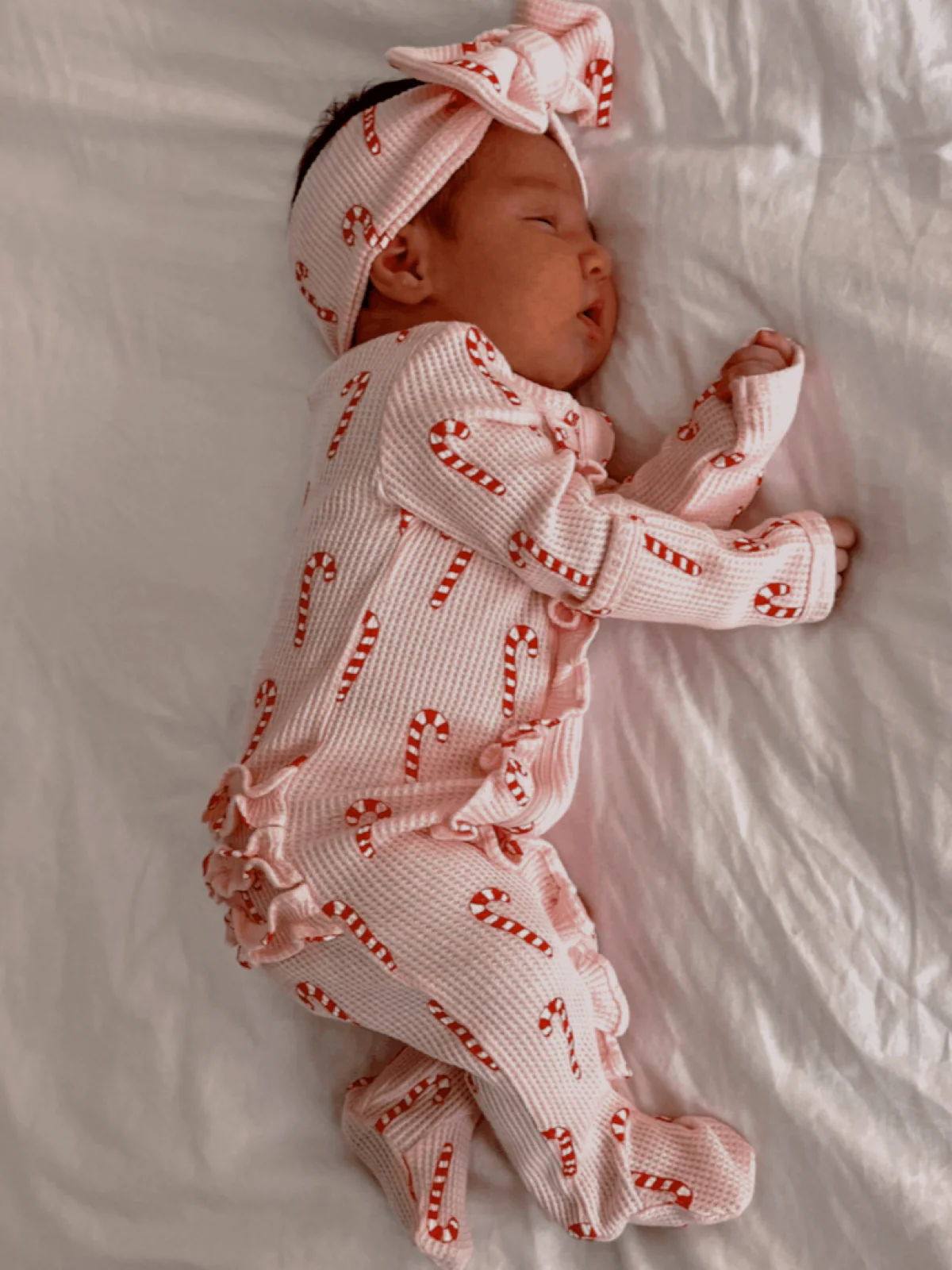 Organic Waffle Ruffle Zip Footie, Pink Candy Cane - Image 3