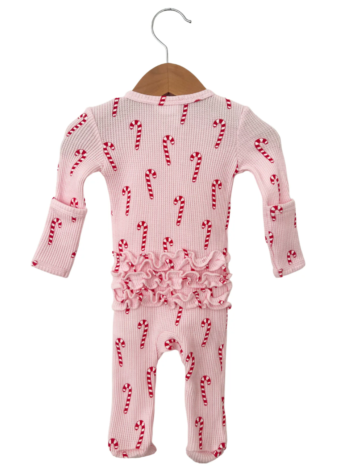 Organic Waffle Ruffle Zip Footie, Pink Candy Cane - Image 4