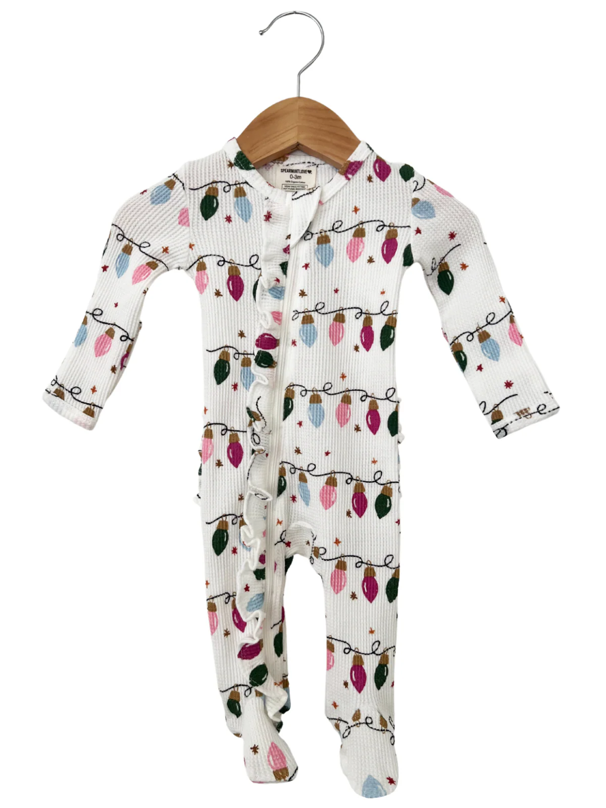 Organic Waffle Ruffle Zip Footie, Pink Christmas Lights - Image 2