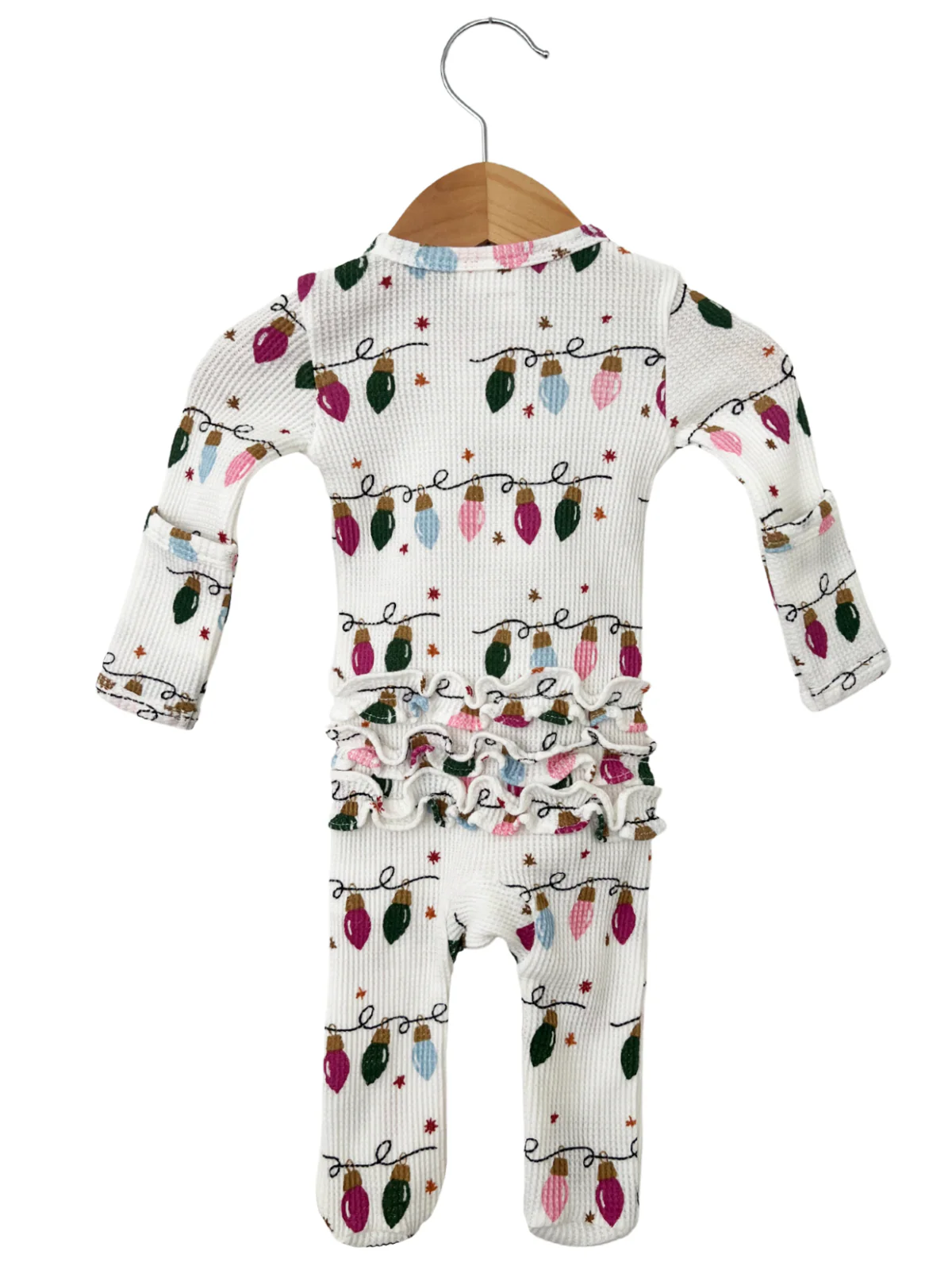 Organic Waffle Ruffle Zip Footie, Pink Christmas Lights - Image 3