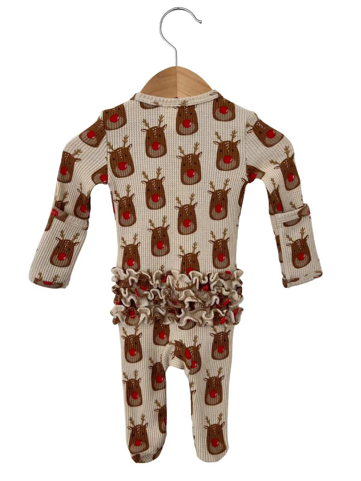 Organic Waffle Ruffle Zip Footie, Reindeer - Image 3