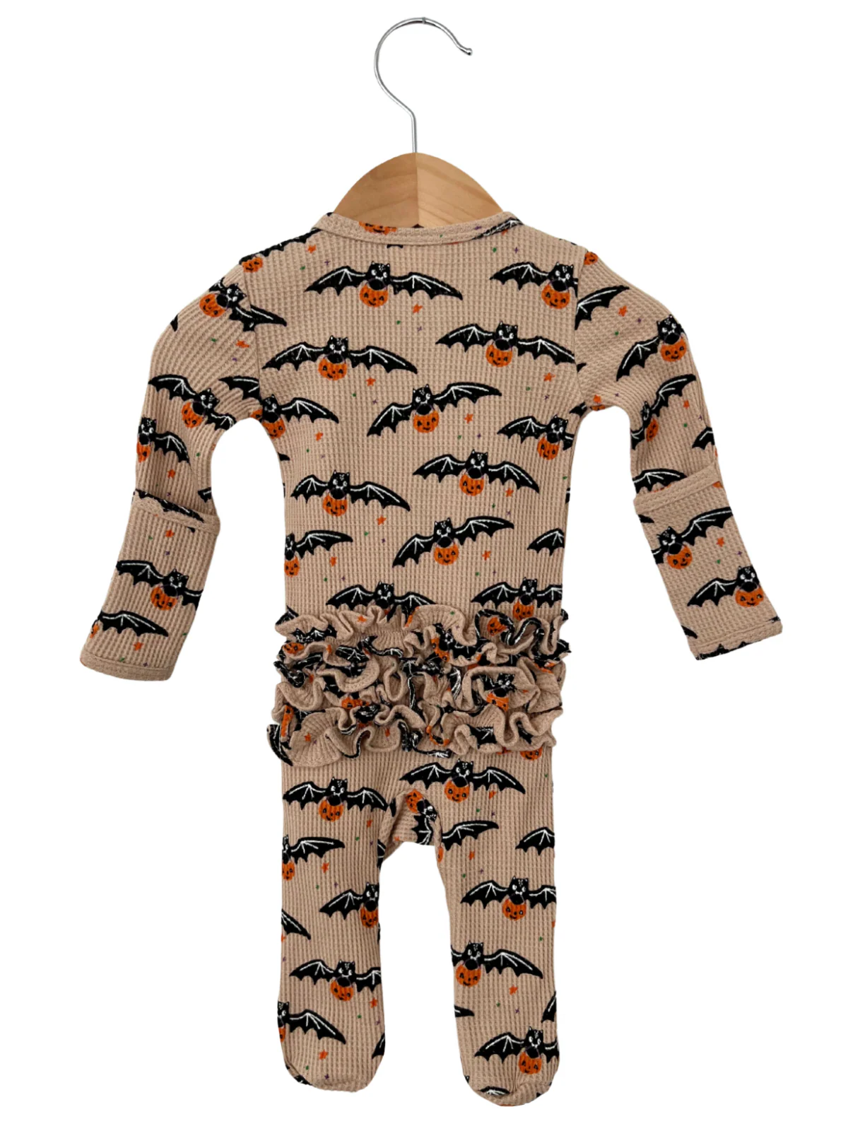 Organic Waffle Ruffle Zip Footie, Tan Trick or Treating Bat - Image 4