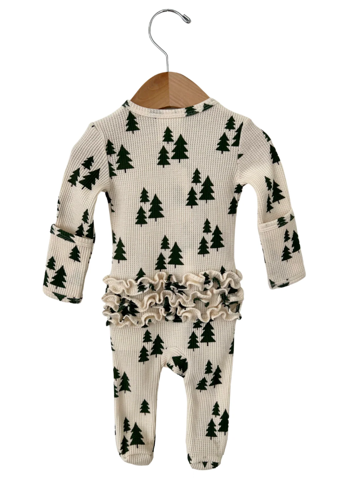 Organic Waffle Ruffle Zip Footie, Forest Green Trees - Image 3