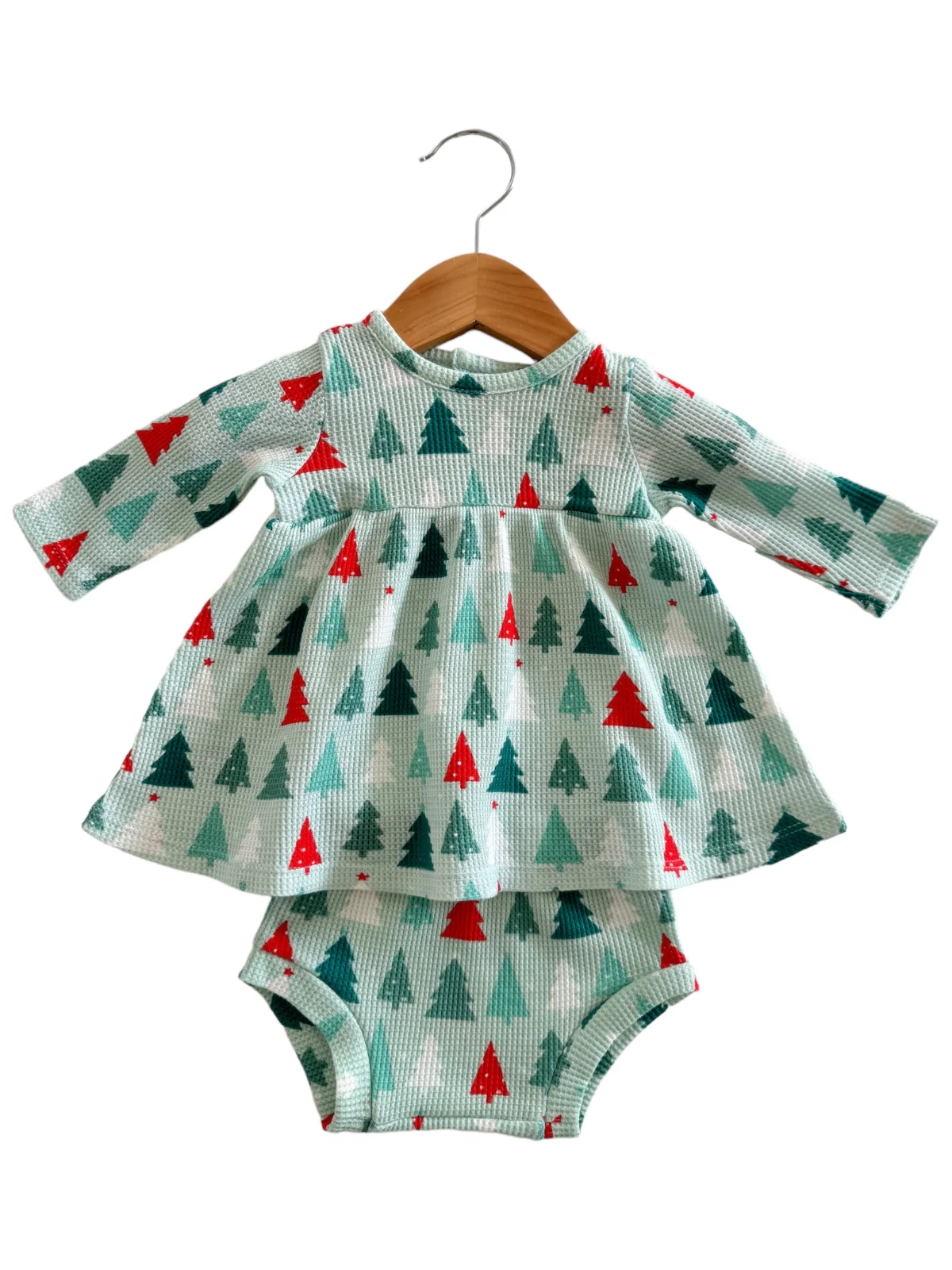 Organic Waffle Simple Dress & Bloomer, Festive Firs - Image 3