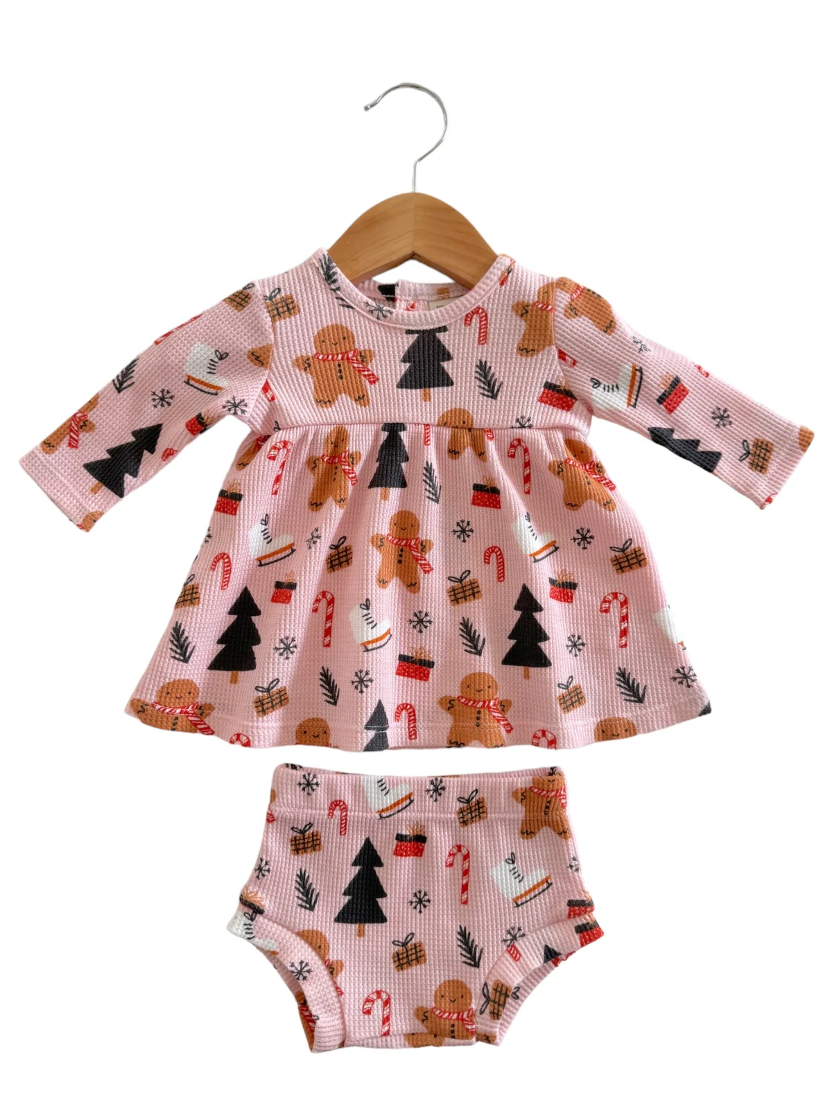 Organic Waffle Simple Dress & Bloomer, Gingerbread Wonderland Blush - Image 3