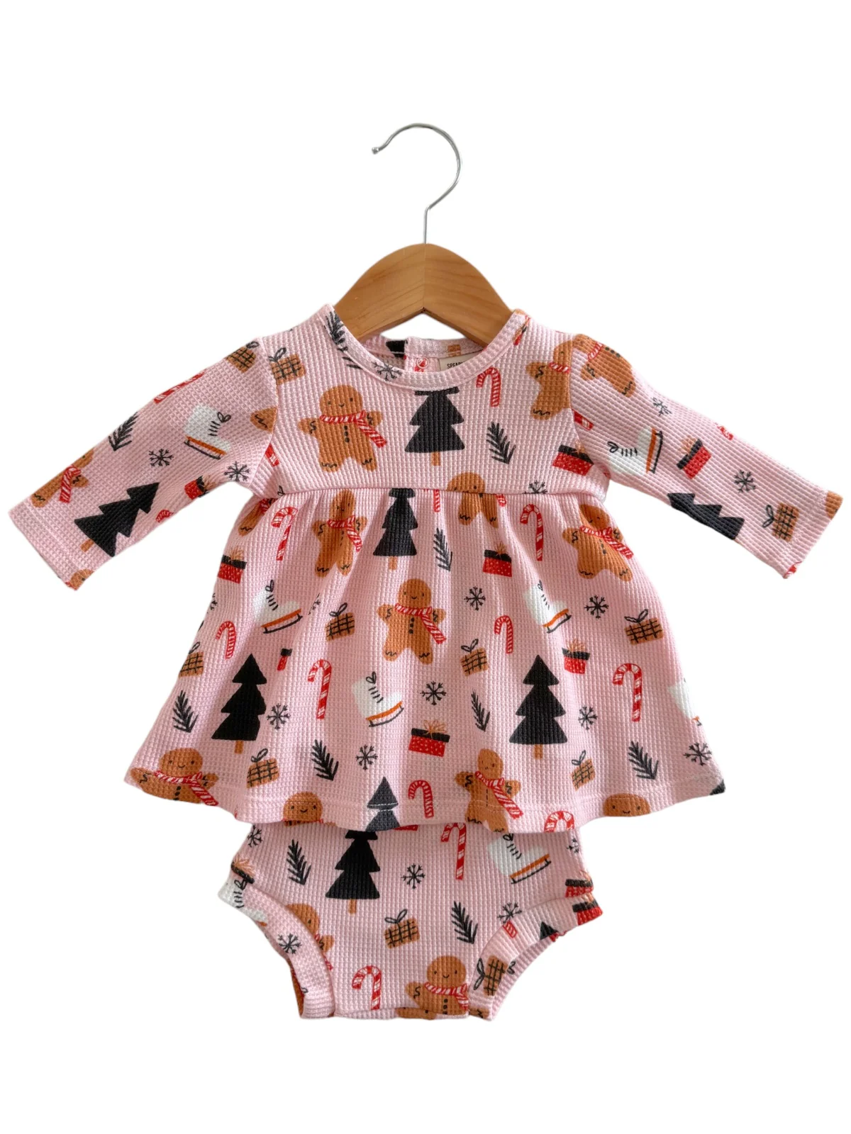 Organic Waffle Simple Dress & Bloomer, Gingerbread Wonderland Blush - Image 5
