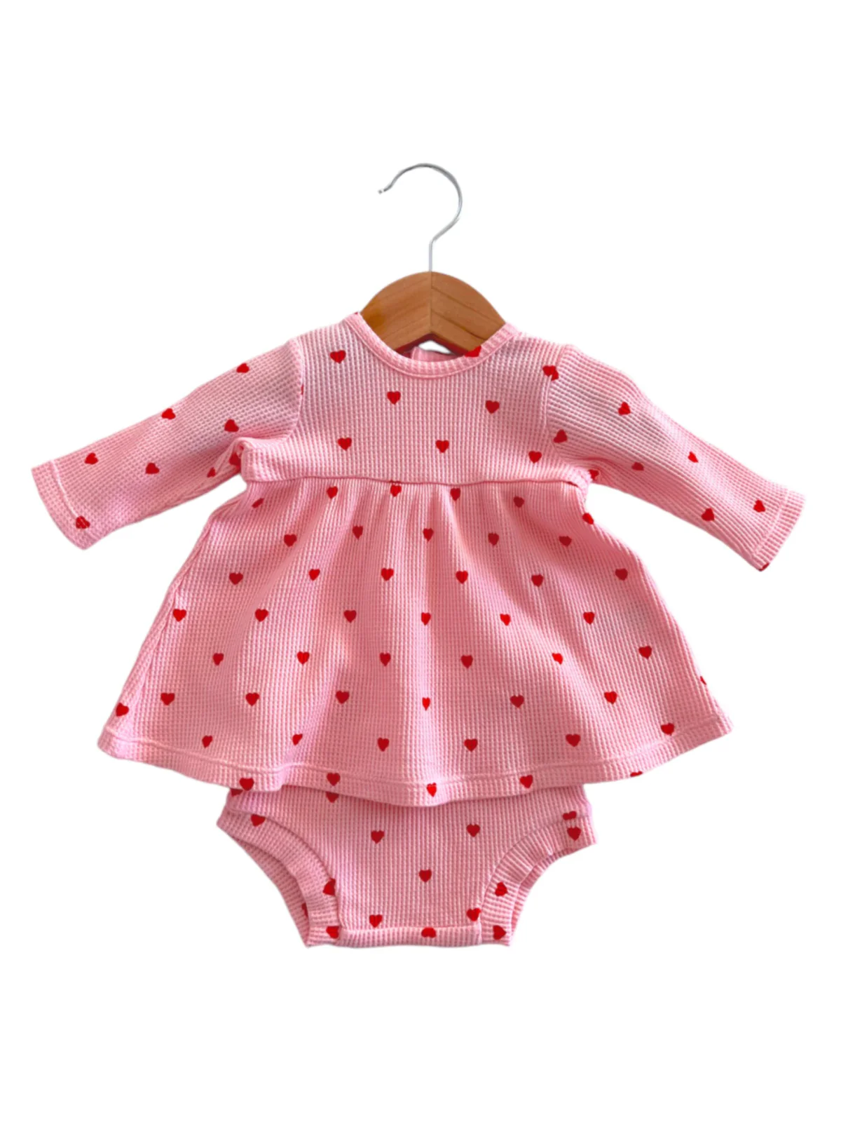 Organic Waffle Simple Dress & Bloomer, Little Red Heart (on Pink) - Image 2
