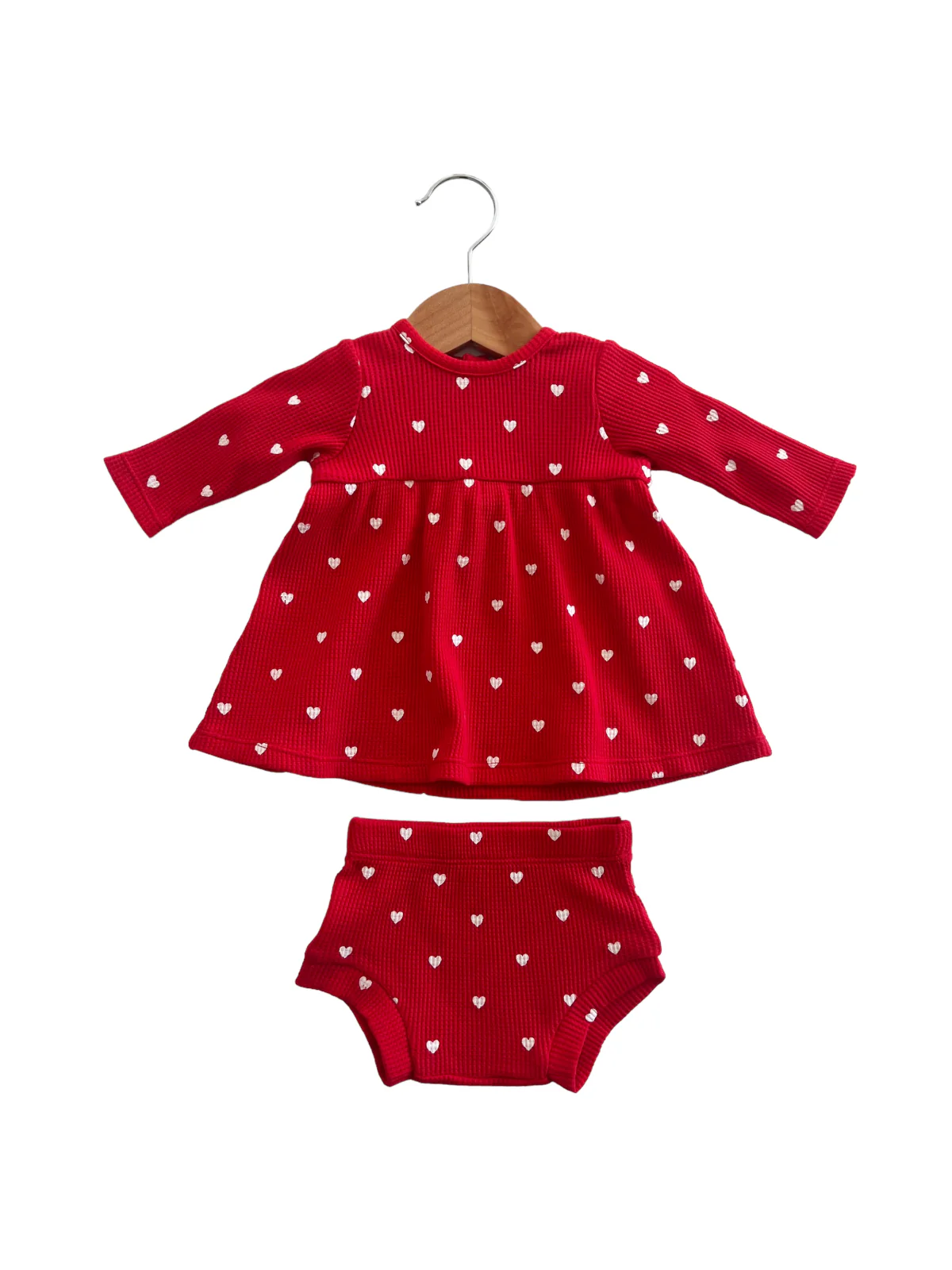 Organic Waffle Simple Dress & Bloomer, Little White Heart (on Red) - Image 3