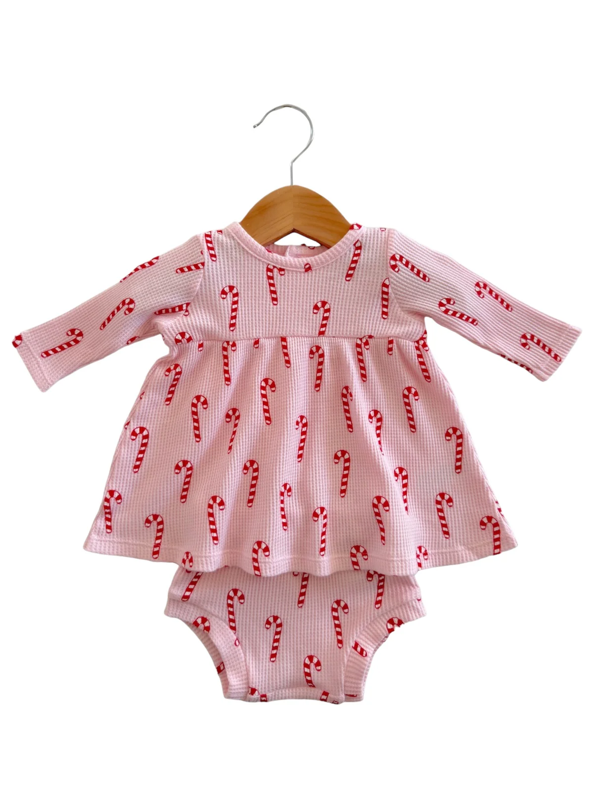 Organic Waffle Simple Dress & Bloomer, Pink Candy Cane - Image 3