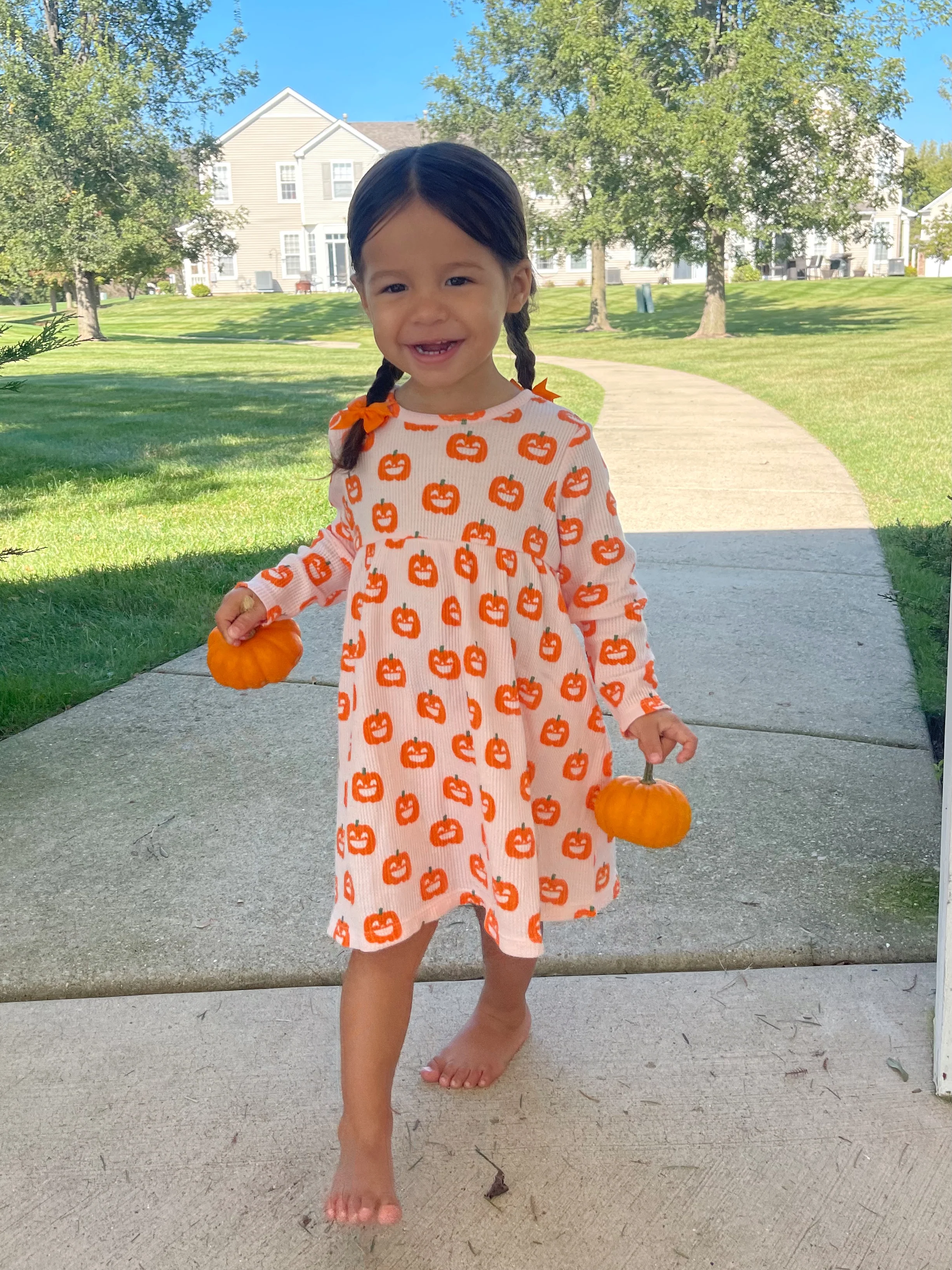 Organic Waffle Simple Dress, Blush Jack-O-Lantern
