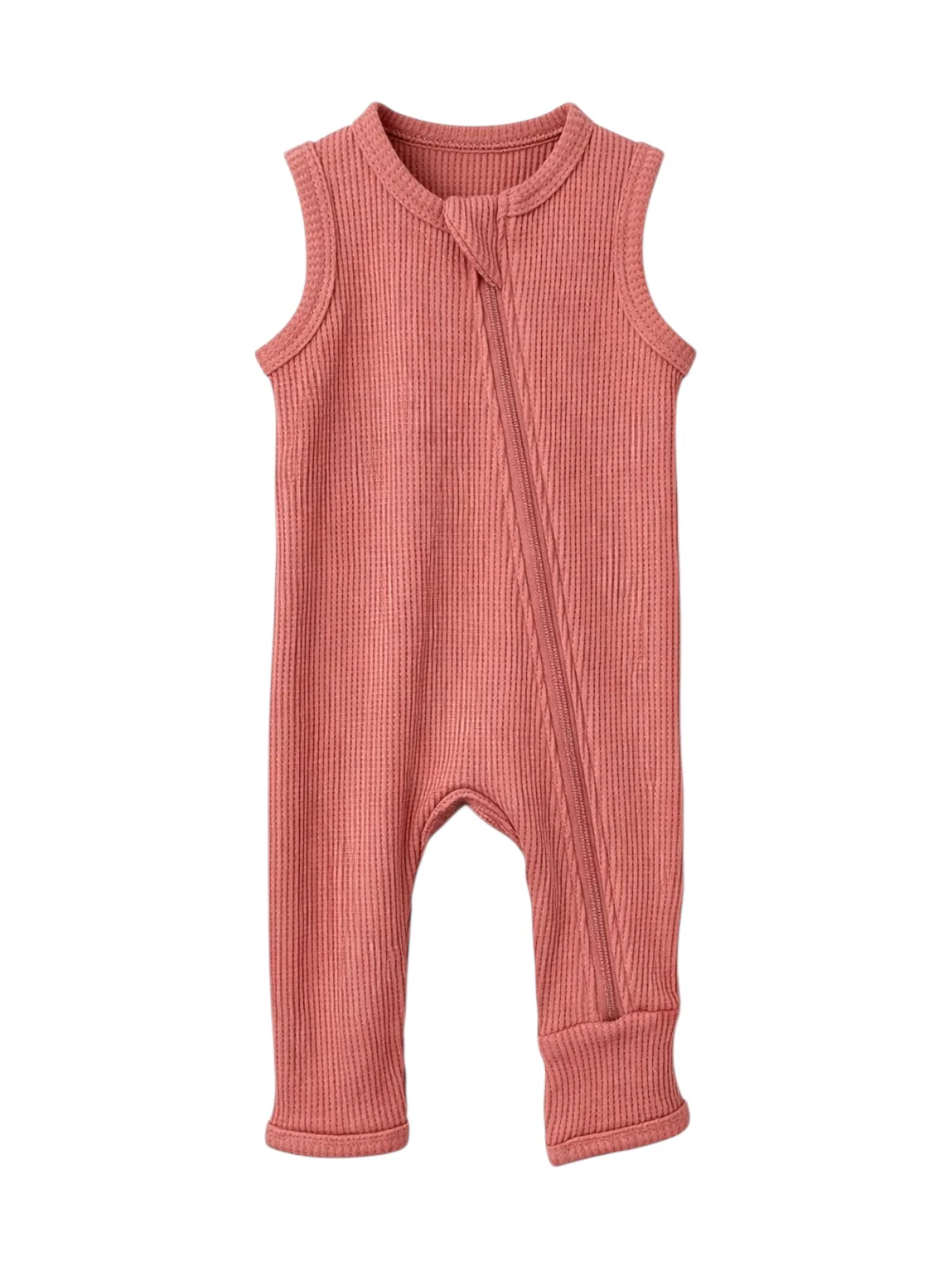 Organic Waffle Sleeveless Zip Romper, Dusty Rose