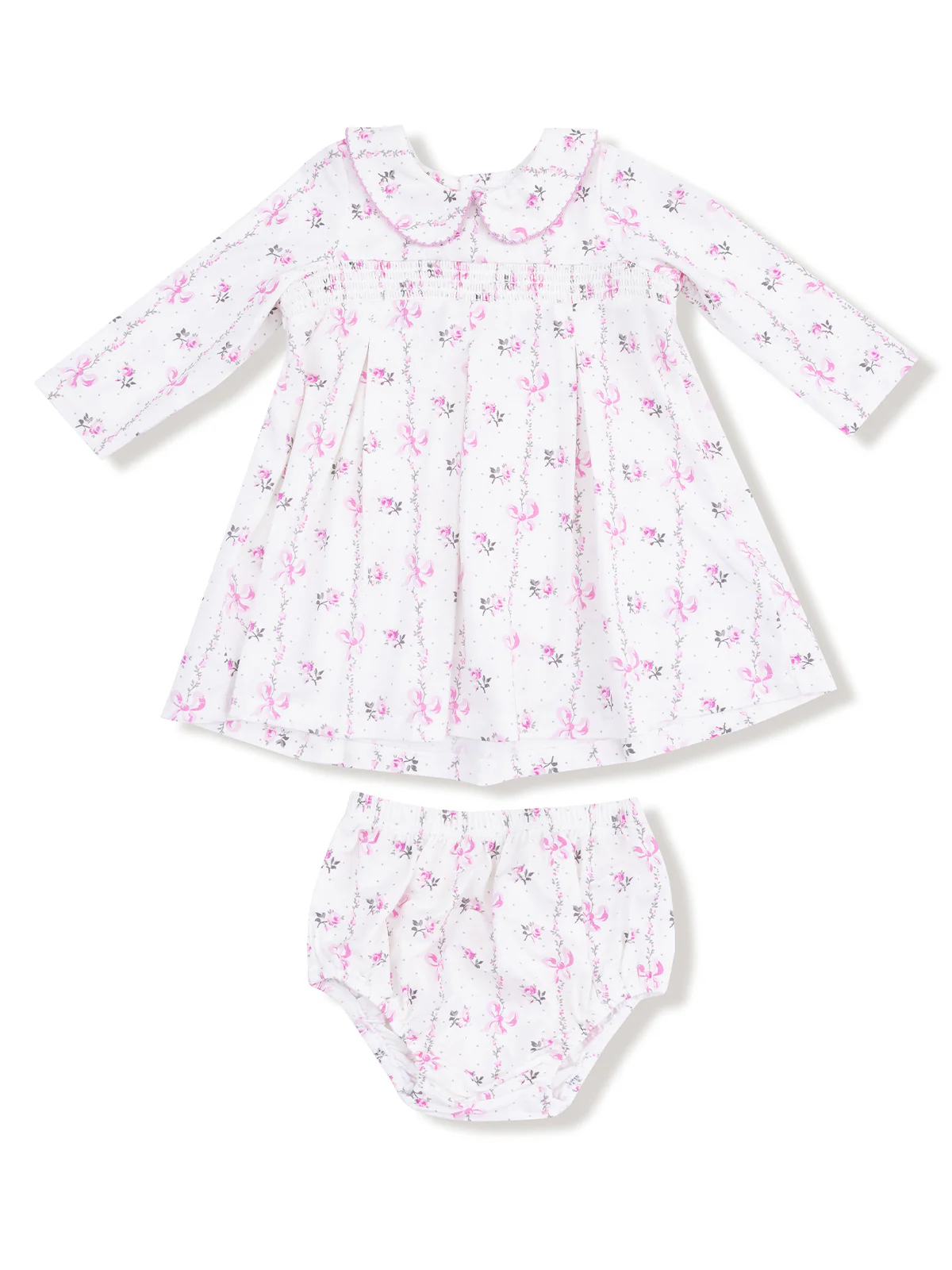 Peter Pan Collar Dress & Bloomer, Dainty Buds and Bows Stripe