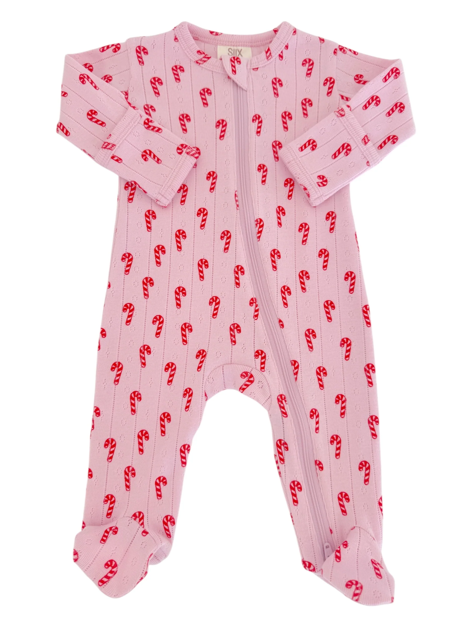 Pink Candy Cane / Organic Pointelle 2-Way Zip Footie - Image 2
